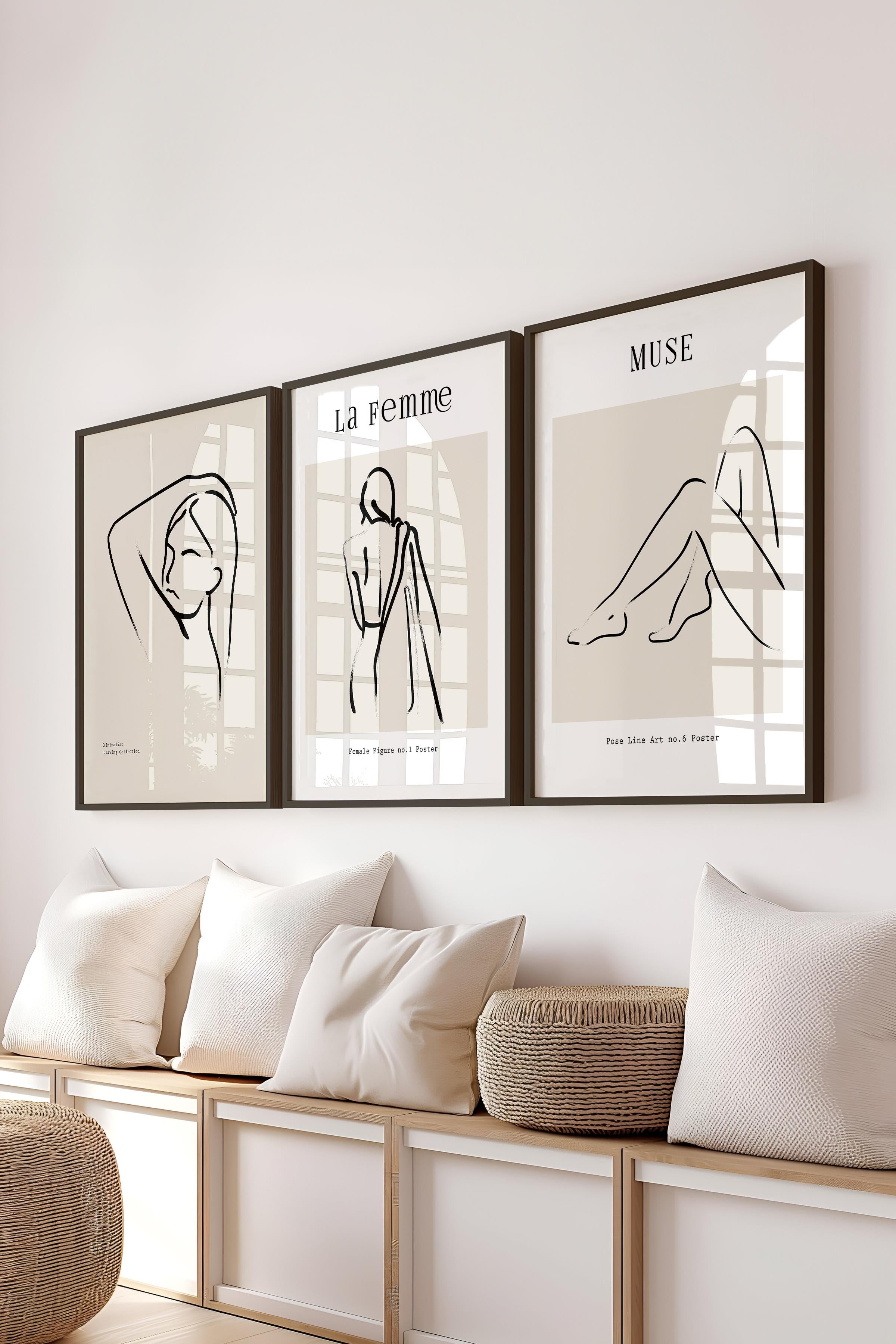 Çerçeveli Tablo Seti, 3 Adet Siyah Çerçeve ve Minimalist Çizim Temalı Poster Seti, No:300608