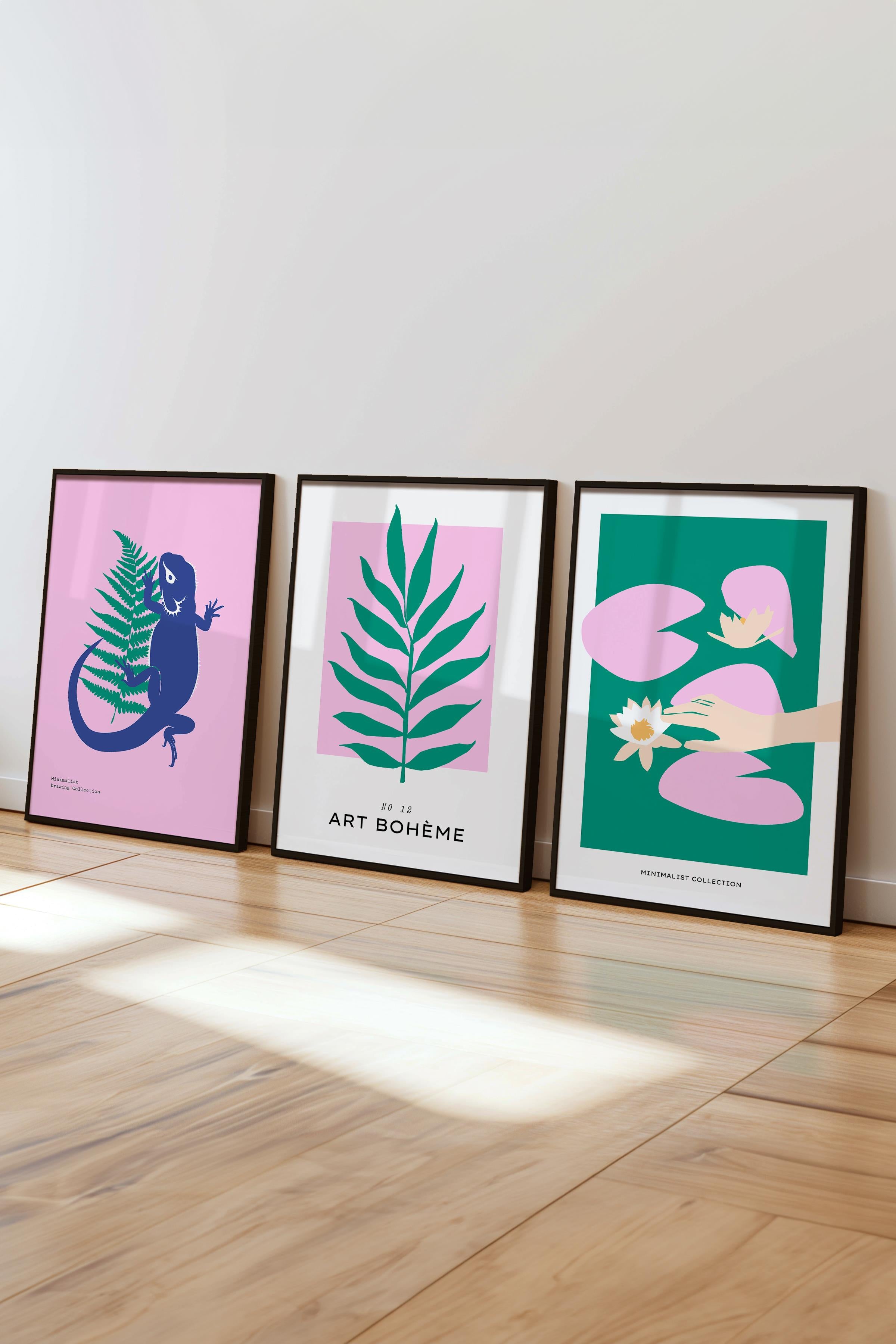 Çerçeveli Tablo Seti, 3 Adet Siyah Çerçeve ve Minimalist Deniz Yaşamı Temalı Poster Seti, No:300501