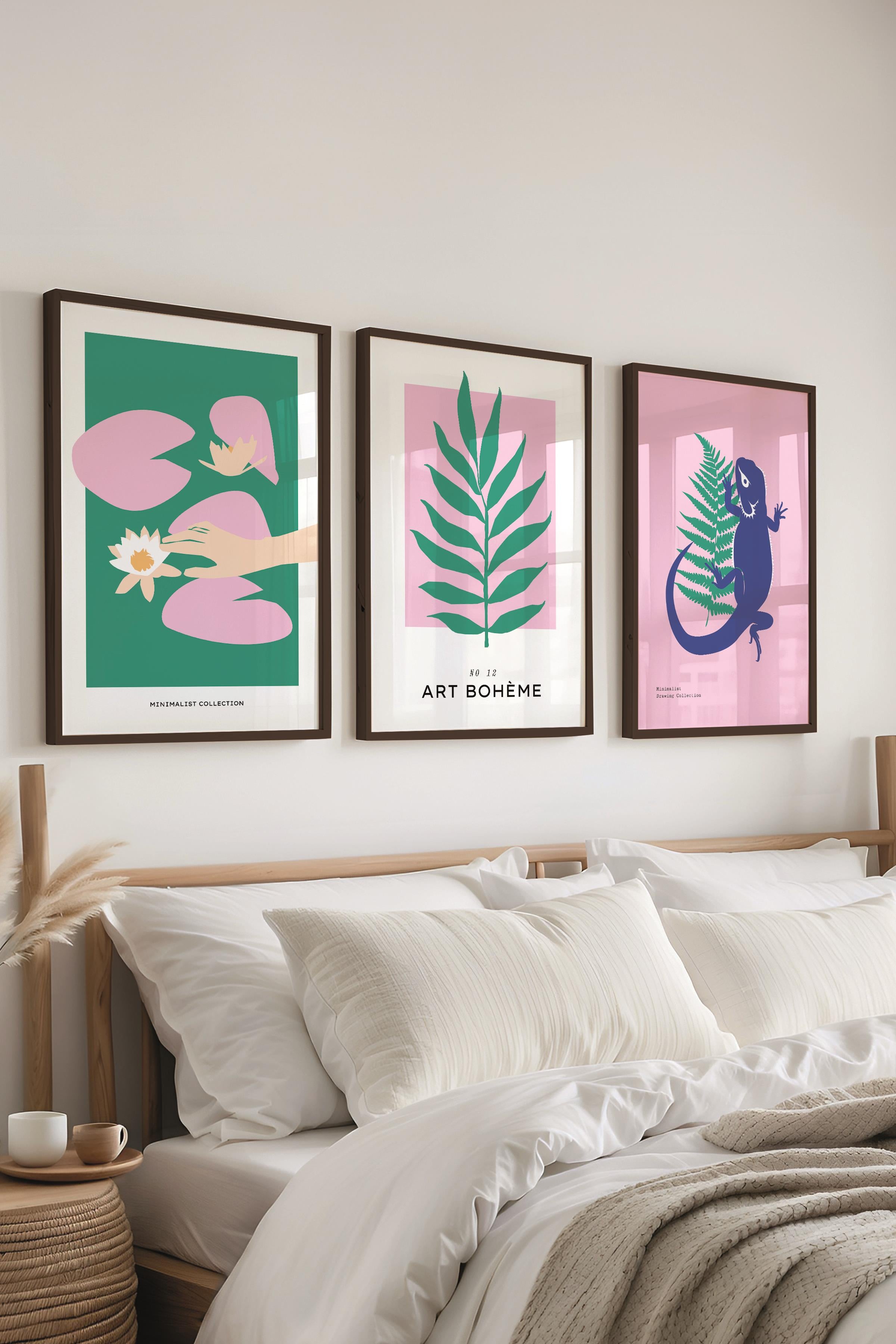 Çerçeveli Tablo Seti, 3 Adet Siyah Çerçeve ve Minimalist Deniz Yaşamı Temalı Poster Seti, No:300501