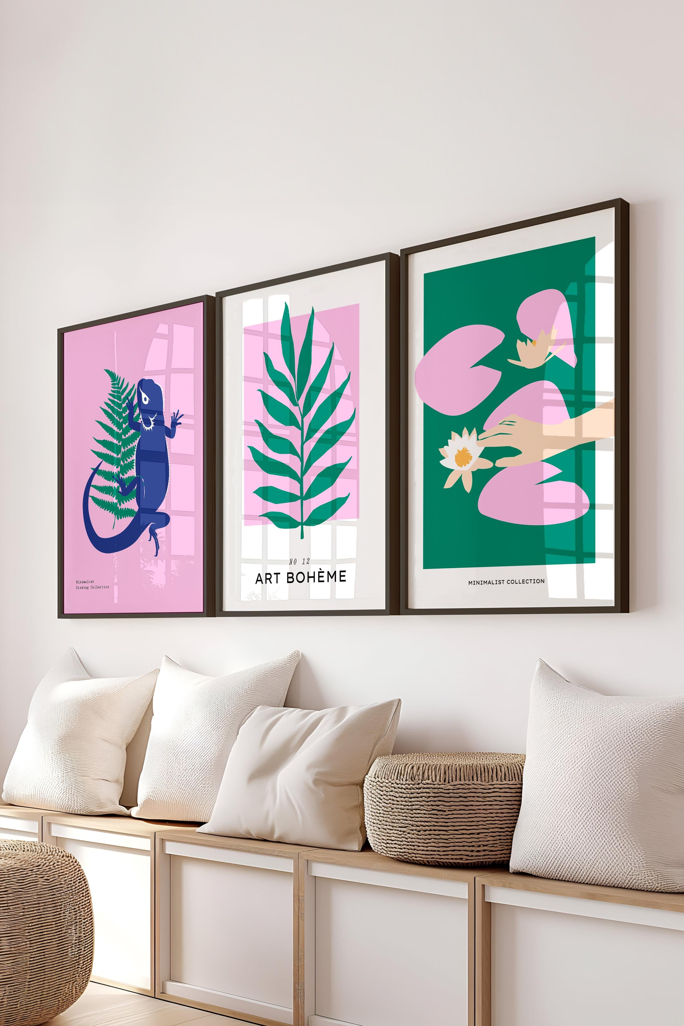 Çerçeveli Tablo Seti, 3 Adet Siyah Çerçeve ve Minimalist Deniz Yaşamı Temalı Poster Seti, No:300501
