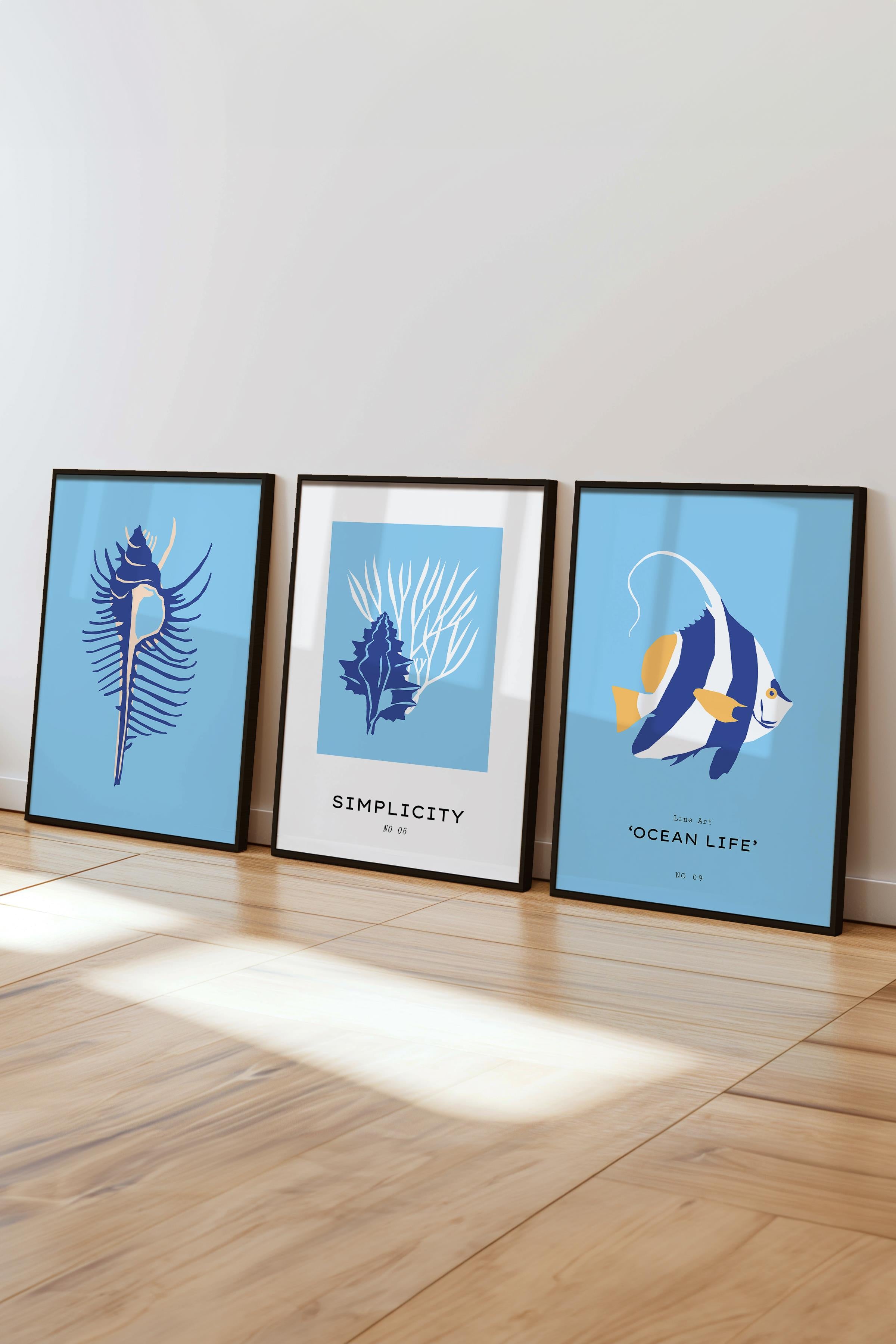 Çerçeveli Tablo Seti, 3 Adet Siyah Çerçeve ve Minimalist Deniz Yaşamı Temalı Poster Seti, No:300502