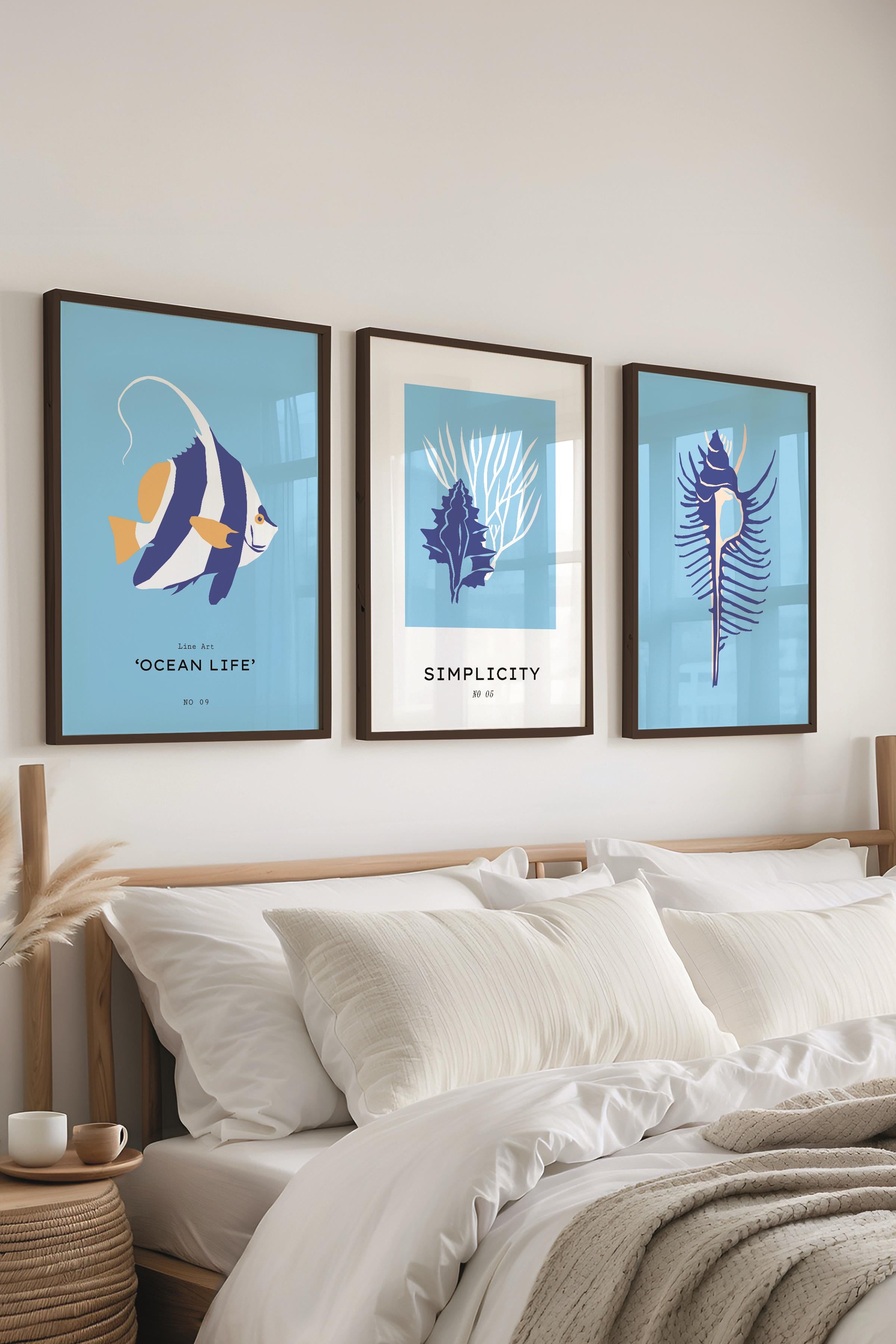 Çerçeveli Tablo Seti, 3 Adet Siyah Çerçeve ve Minimalist Deniz Yaşamı Temalı Poster Seti, No:300502