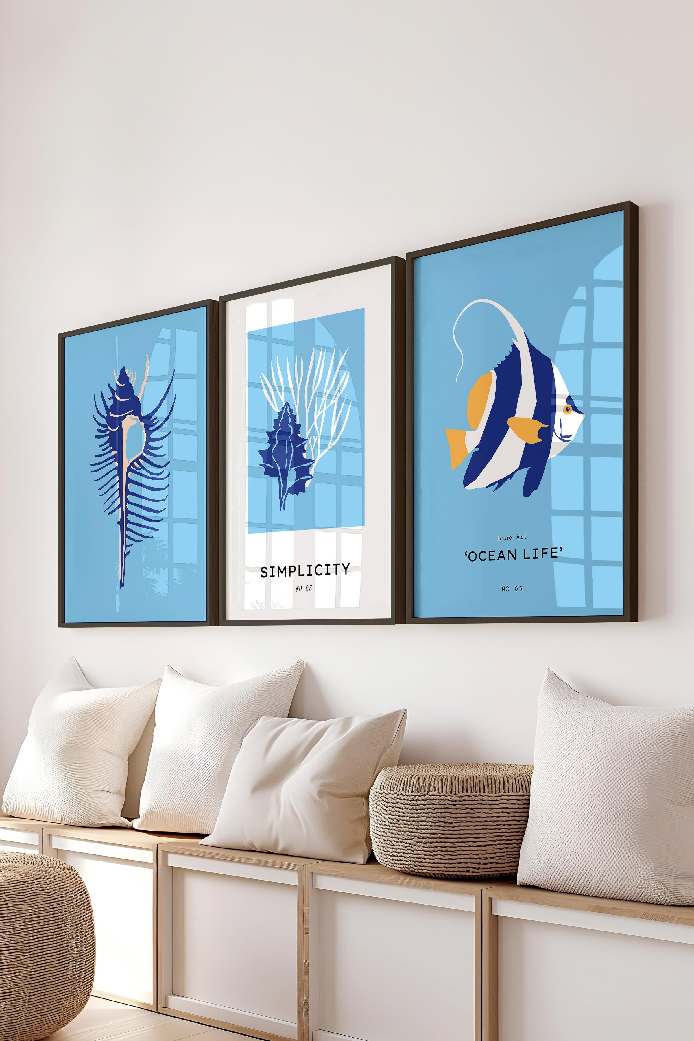 Çerçeveli Tablo Seti, 3 Adet Siyah Çerçeve ve Minimalist Deniz Yaşamı Temalı Poster Seti, No:300502