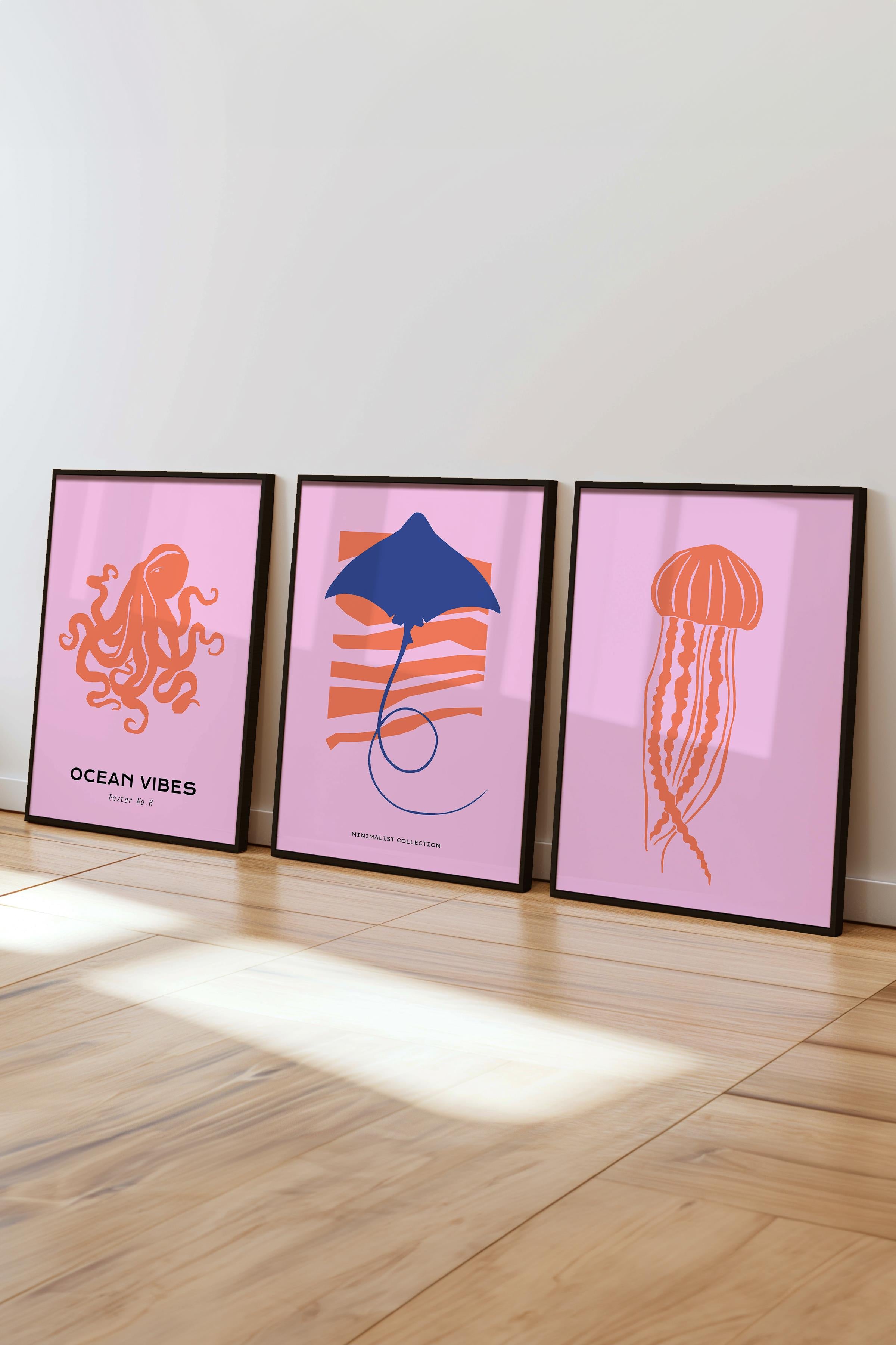 Çerçeveli Tablo Seti, 3 Adet Siyah Çerçeve ve Minimalist Deniz Yaşamı Temalı Poster Seti, No:300503