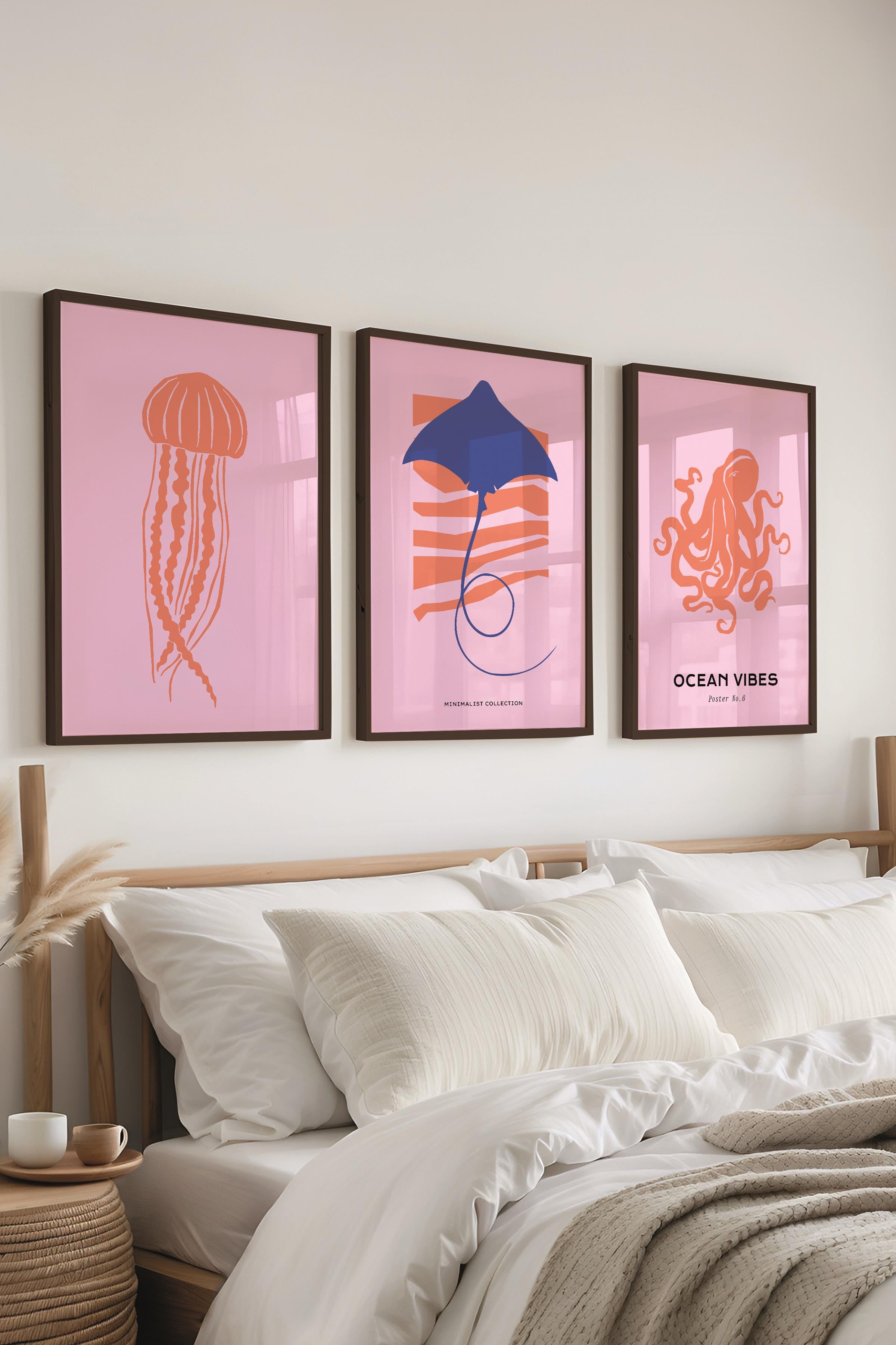 Çerçeveli Tablo Seti, 3 Adet Siyah Çerçeve ve Minimalist Deniz Yaşamı Temalı Poster Seti, No:300503