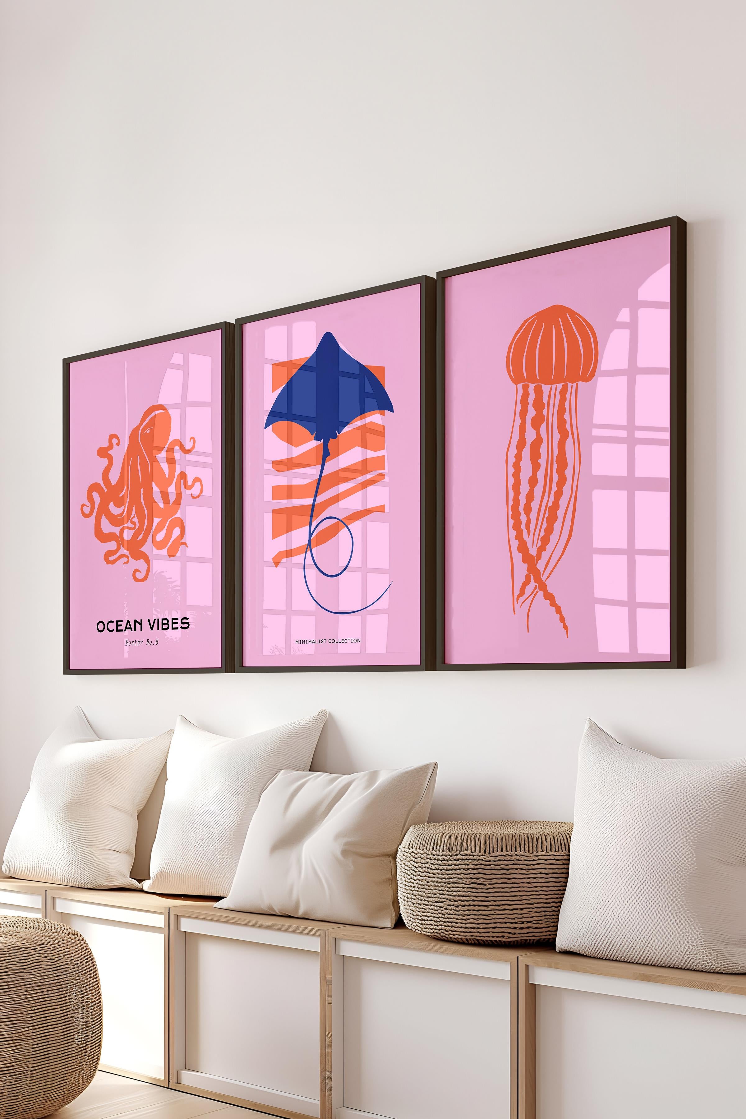 Çerçeveli Tablo Seti, 3 Adet Siyah Çerçeve ve Minimalist Deniz Yaşamı Temalı Poster Seti, No:300503