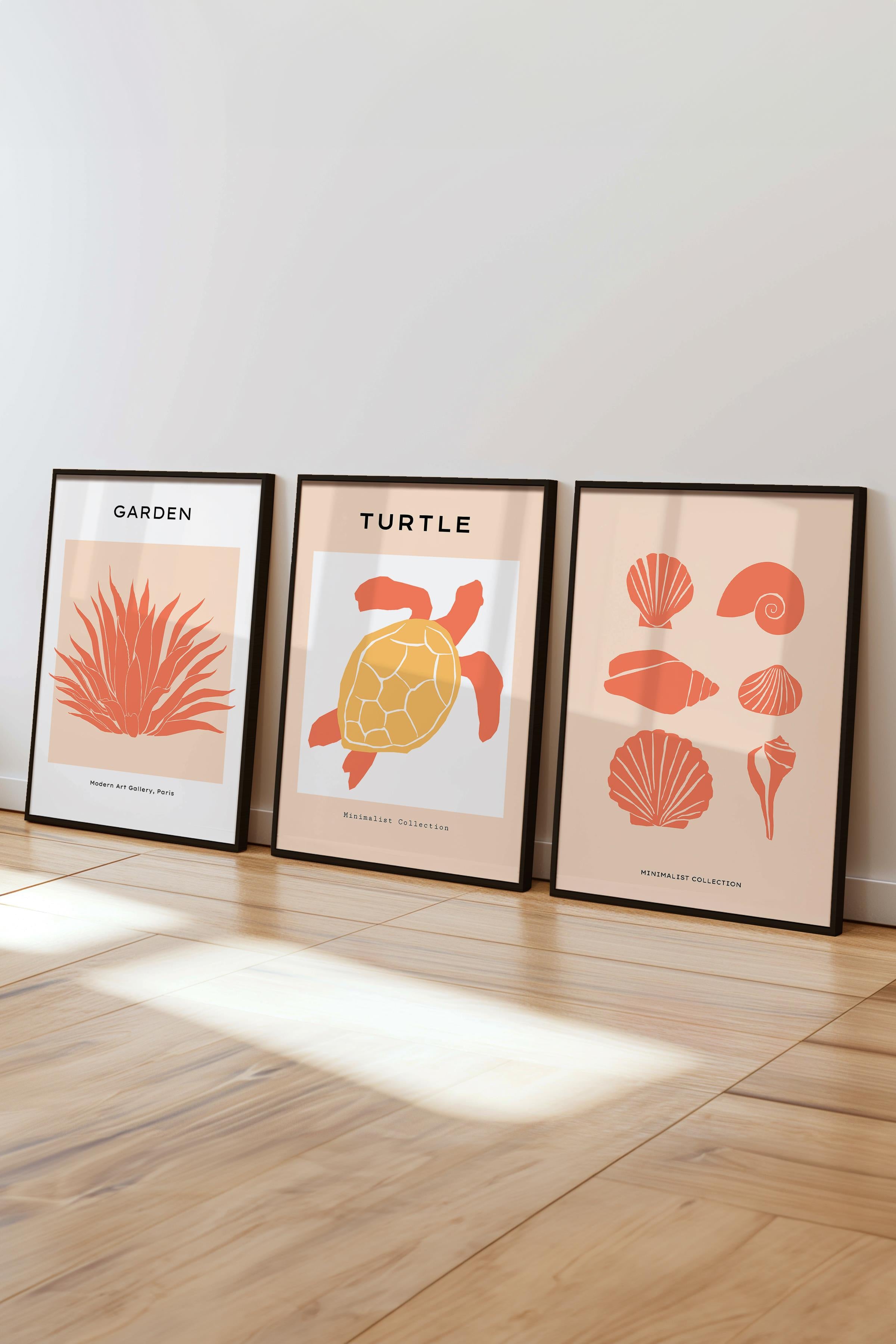 Çerçeveli Tablo Seti, 3 Adet Siyah Çerçeve ve Minimalist Deniz Yaşamı Temalı Poster Seti, No:300504