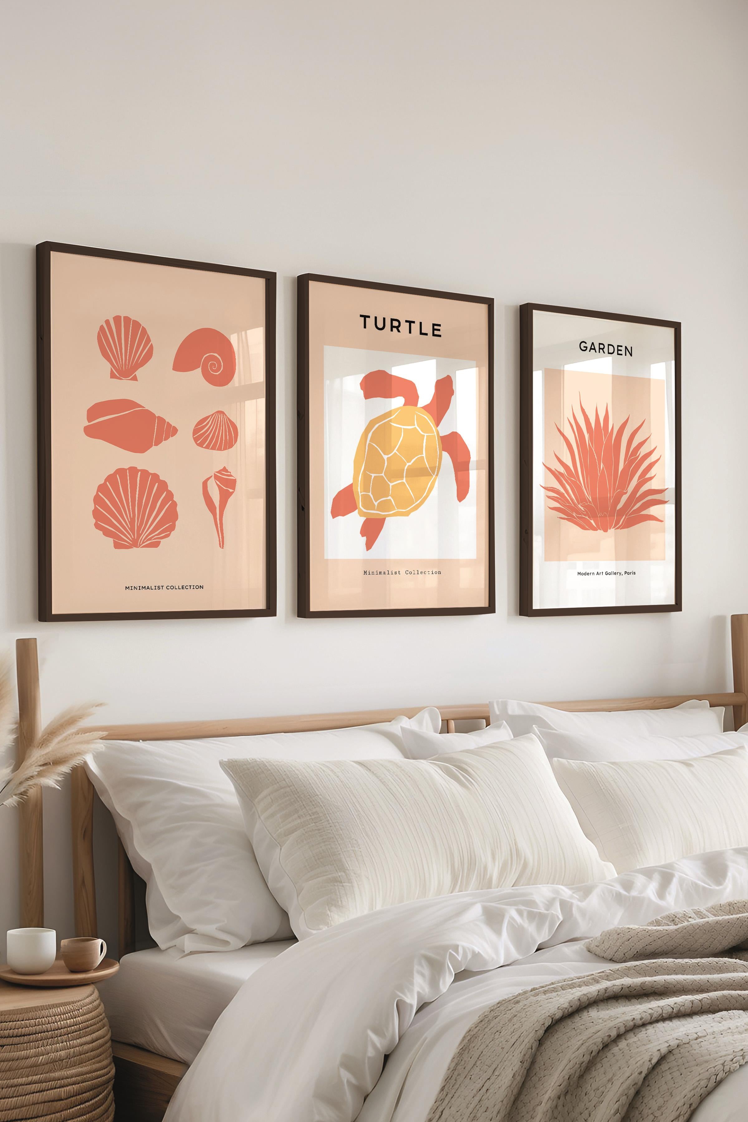Çerçeveli Tablo Seti, 3 Adet Siyah Çerçeve ve Minimalist Deniz Yaşamı Temalı Poster Seti, No:300504