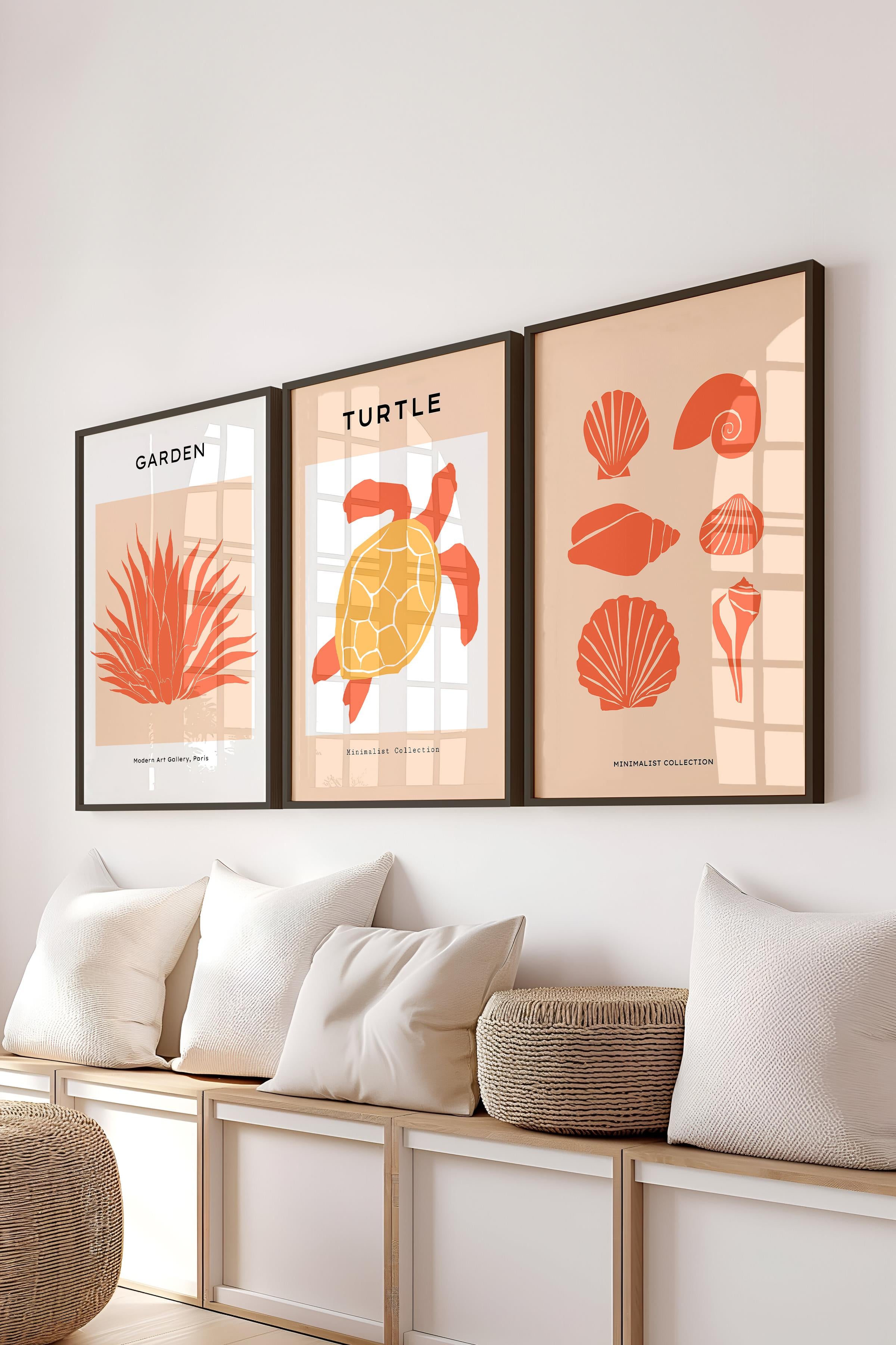 Çerçeveli Tablo Seti, 3 Adet Siyah Çerçeve ve Minimalist Deniz Yaşamı Temalı Poster Seti, No:300504