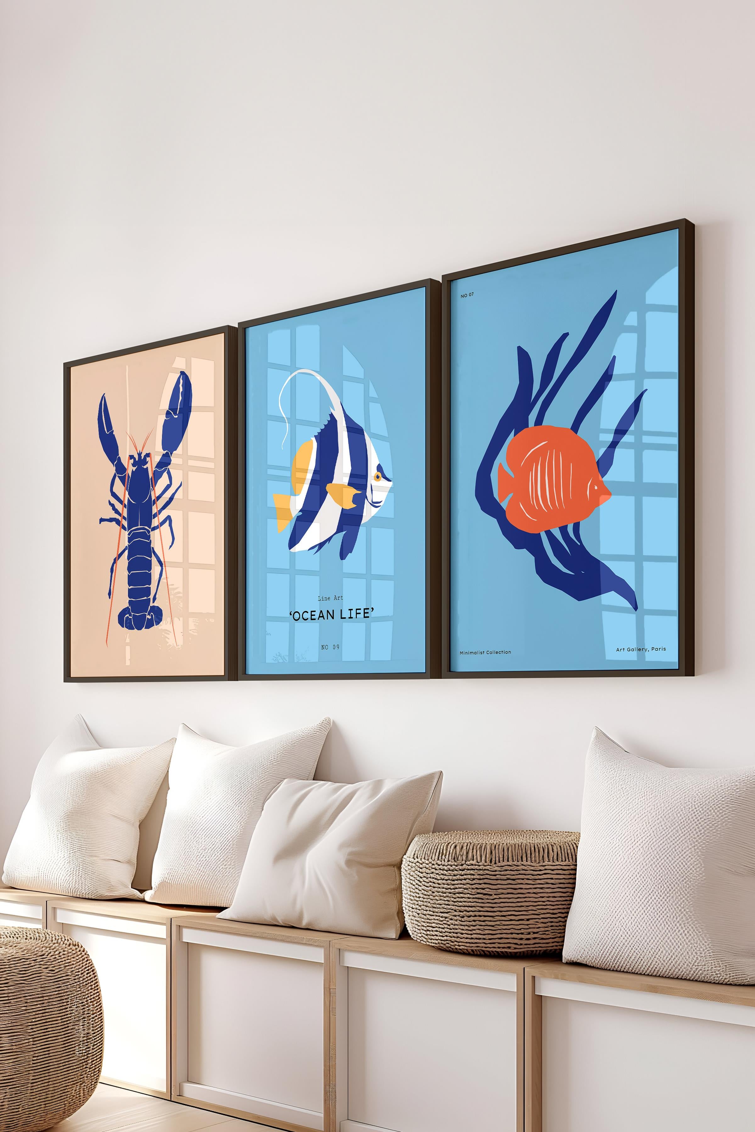 Çerçeveli Tablo Seti, 3 Adet Siyah Çerçeve ve Minimalist Deniz Yaşamı Temalı Poster Seti, No:300505
