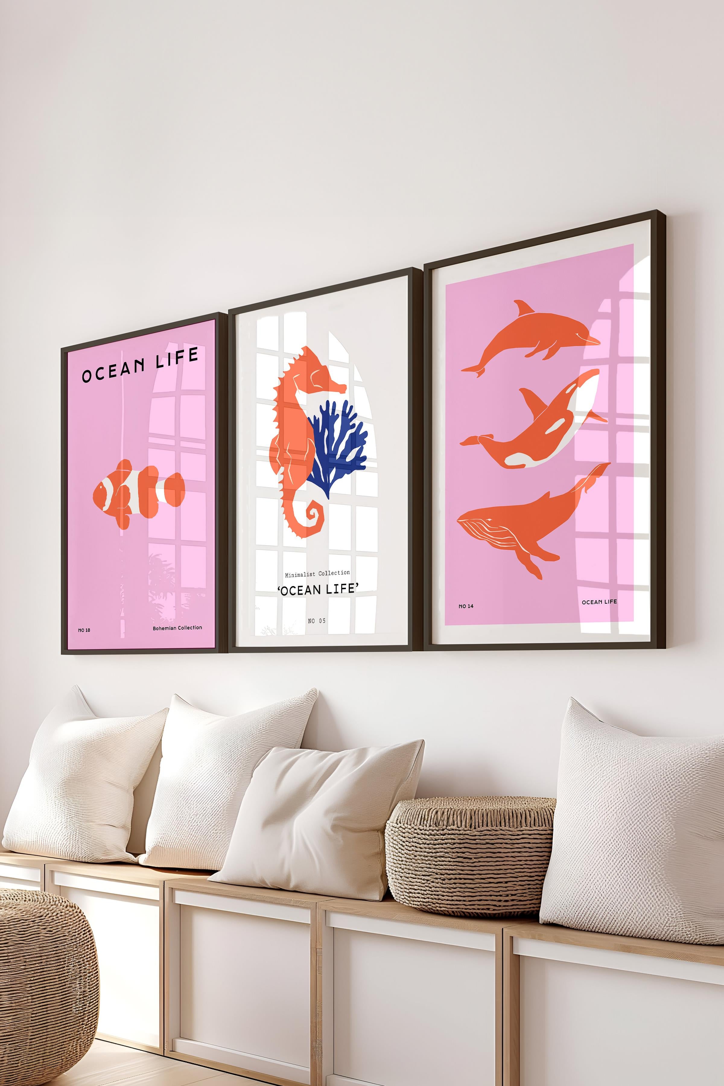 Çerçeveli Tablo Seti, 3 Adet Siyah Çerçeve ve Minimalist Deniz Yaşamı Temalı Poster Seti, No:300506
