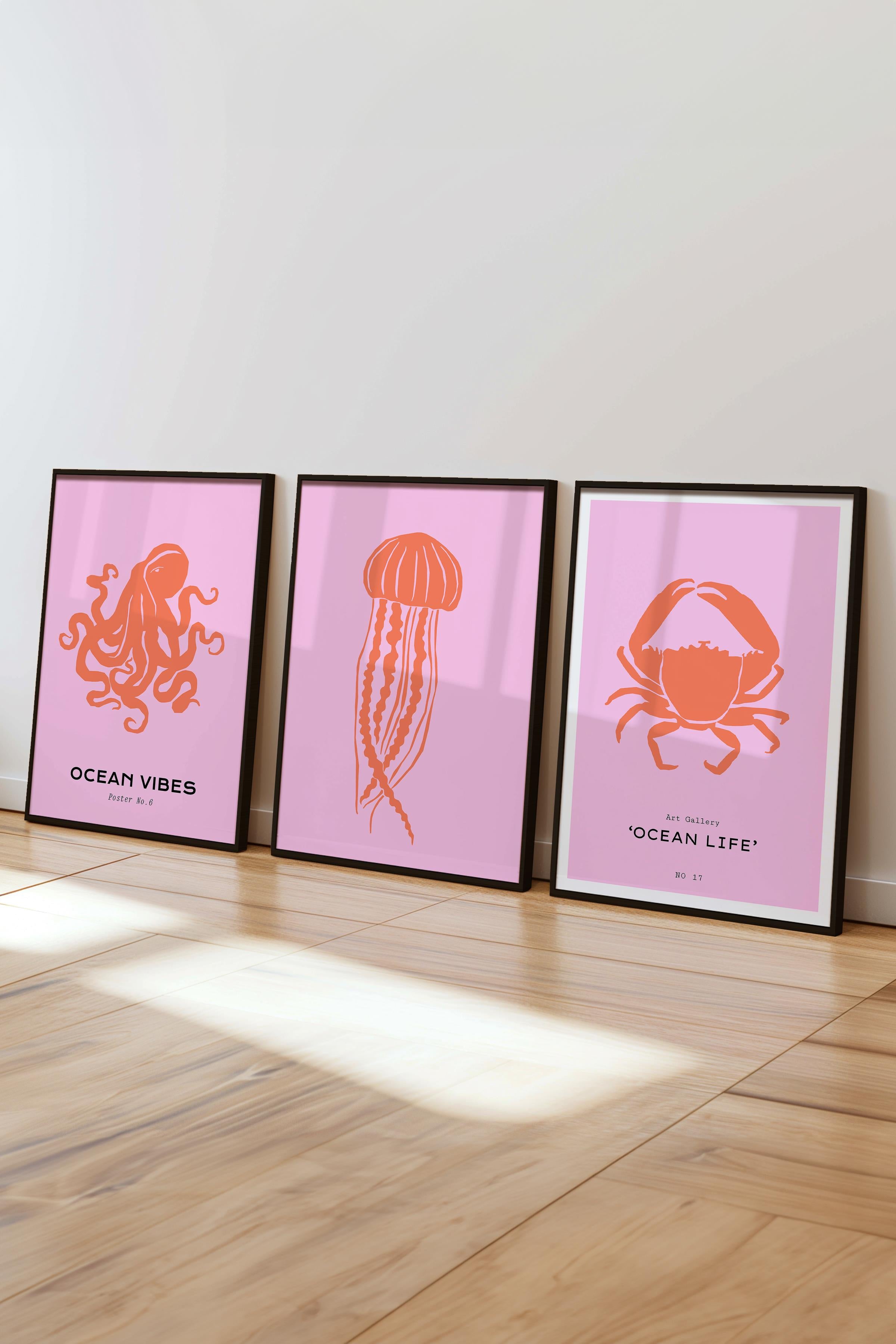 Çerçeveli Tablo Seti, 3 Adet Siyah Çerçeve ve Minimalist Deniz Yaşamı Temalı Poster Seti, No:300517