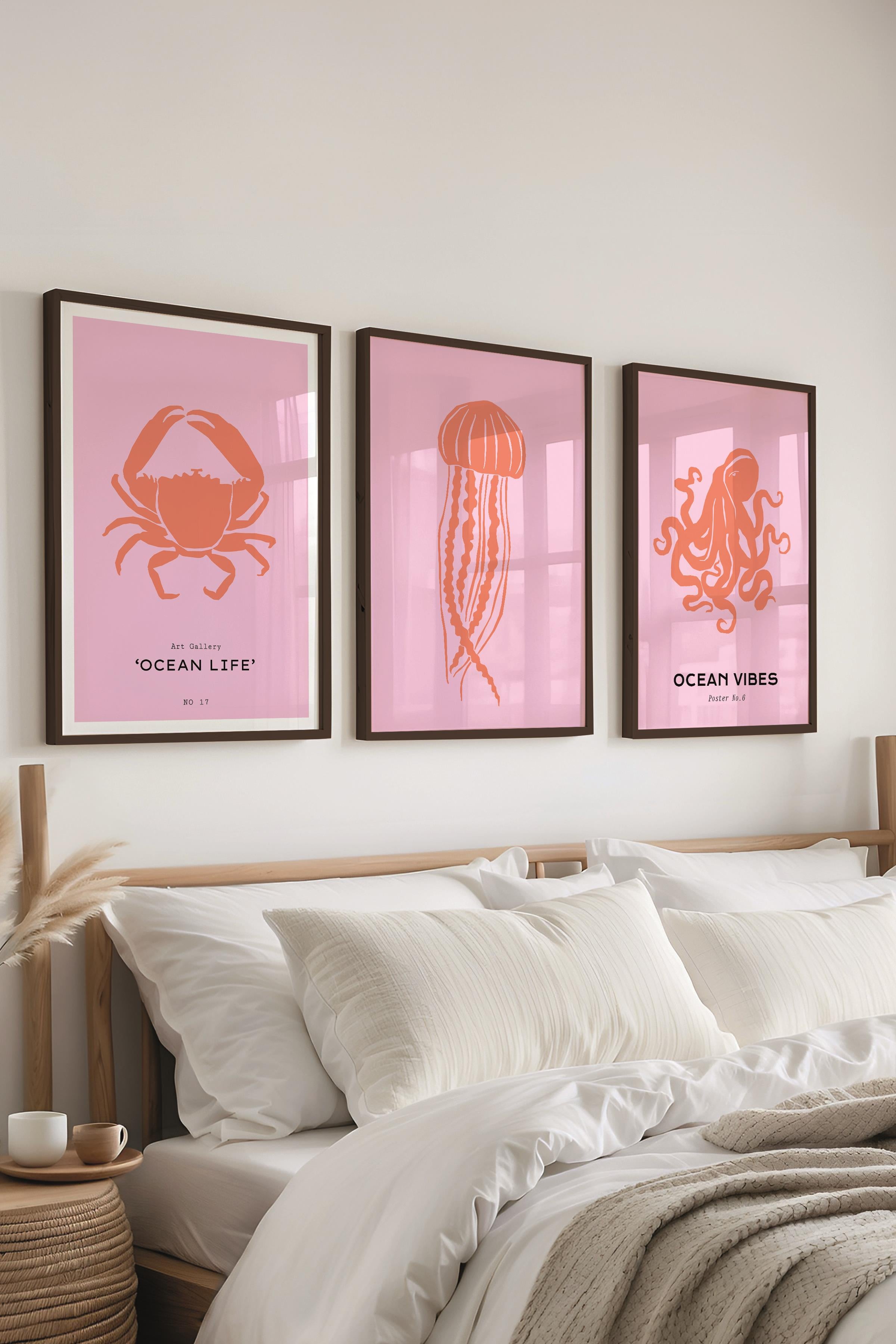 Çerçeveli Tablo Seti, 3 Adet Siyah Çerçeve ve Minimalist Deniz Yaşamı Temalı Poster Seti, No:300517