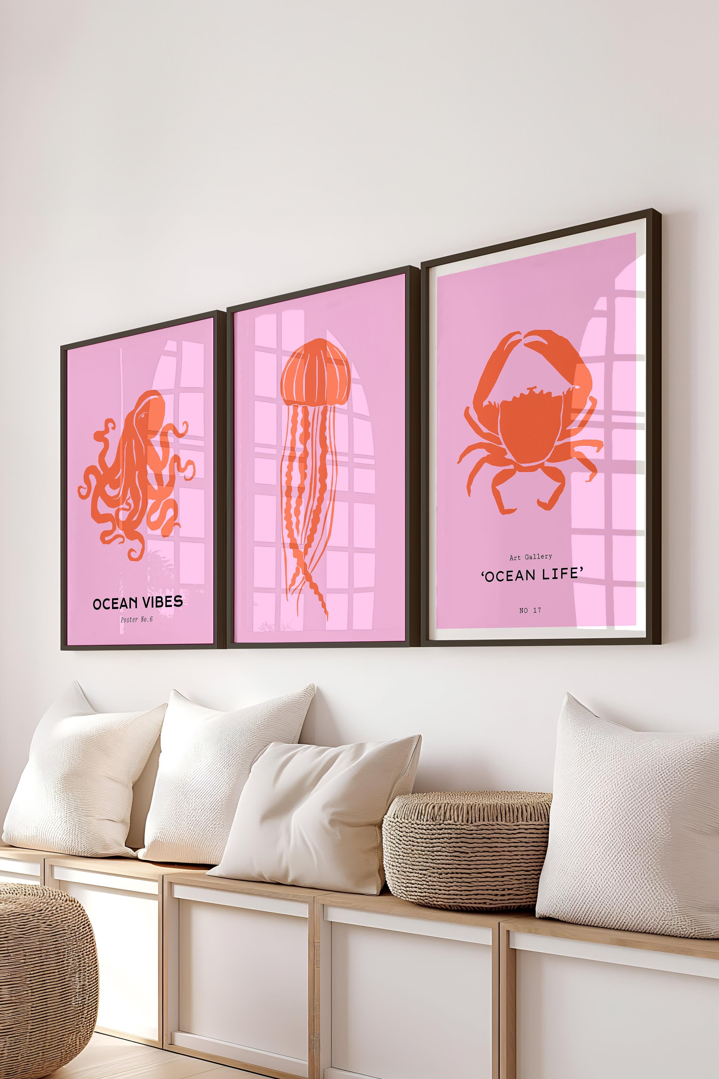 Çerçeveli Tablo Seti, 3 Adet Siyah Çerçeve ve Minimalist Deniz Yaşamı Temalı Poster Seti, No:300517