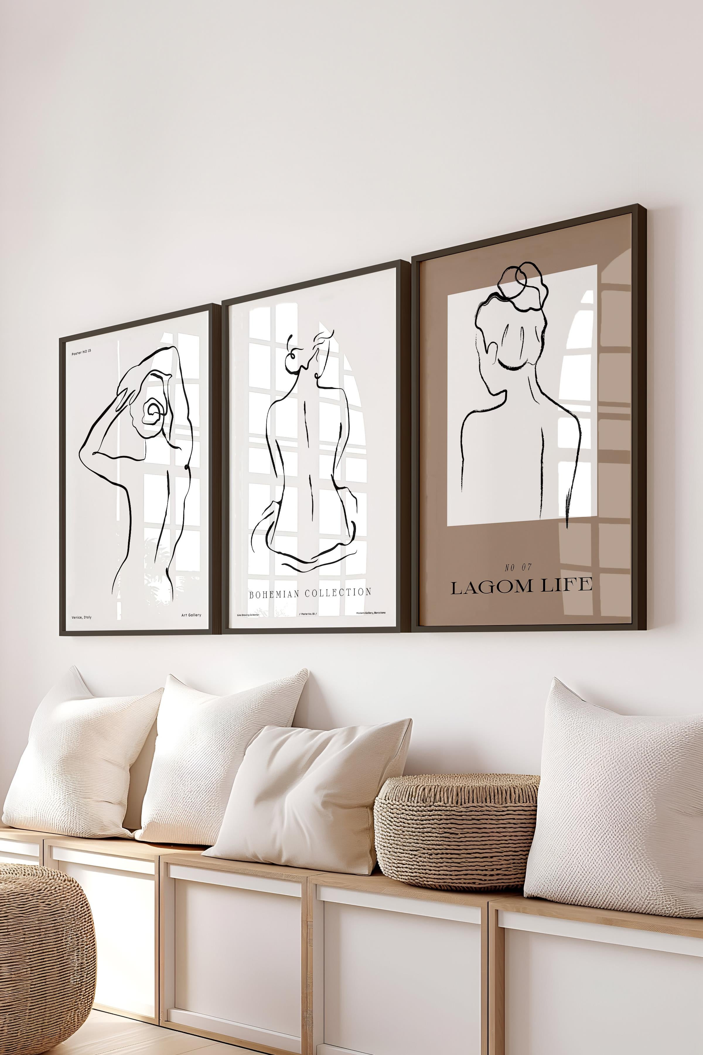 Çerçeveli Tablo Seti, 3 Adet Siyah Çerçeve ve Minimalist El Çizimi Temalı Poster Seti, No:300563