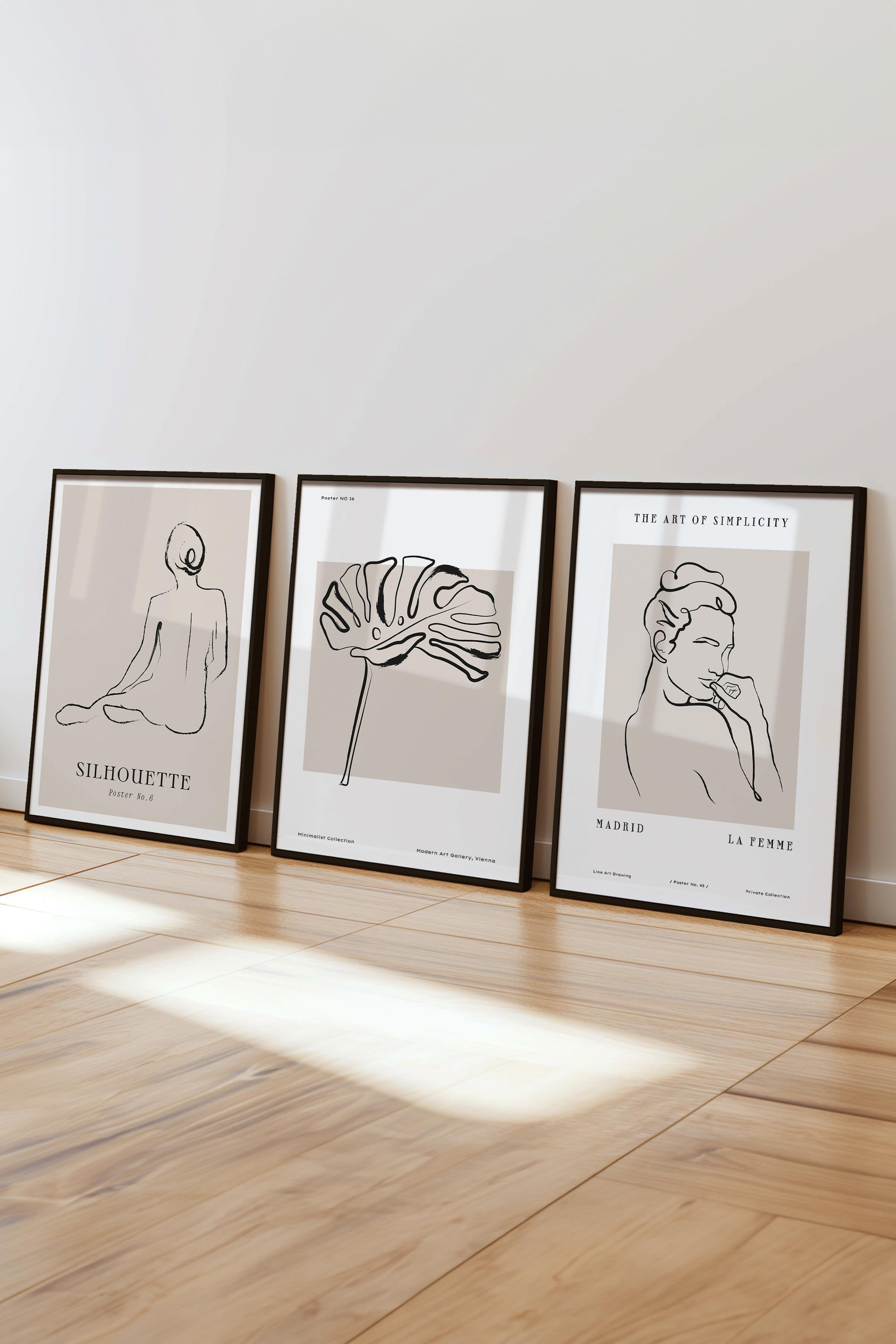 Çerçeveli Tablo Seti, 3 Adet Siyah Çerçeve ve Minimalist El Çizimi Temalı Poster Seti, No:300564