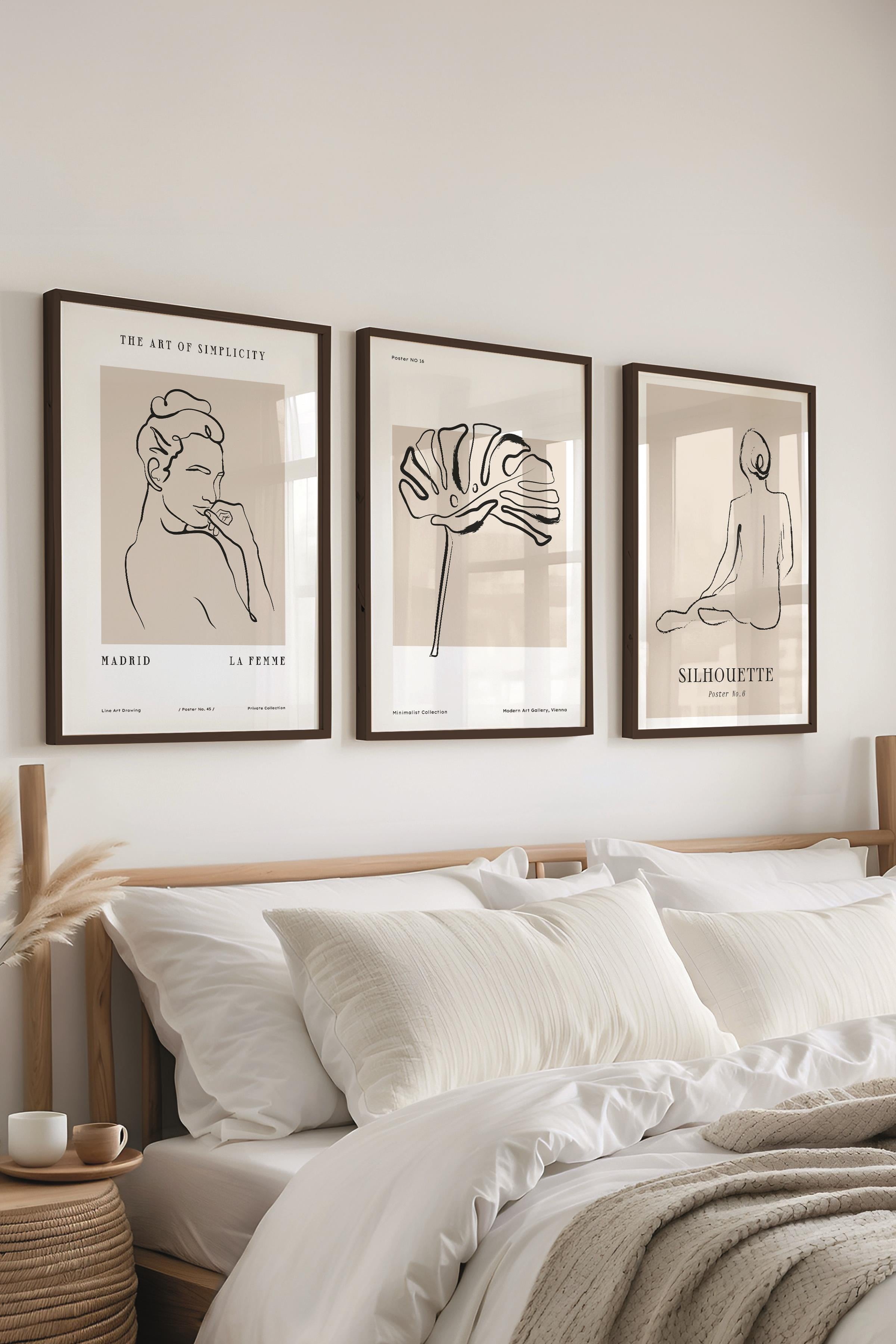 Çerçeveli Tablo Seti, 3 Adet Siyah Çerçeve ve Minimalist El Çizimi Temalı Poster Seti, No:300564