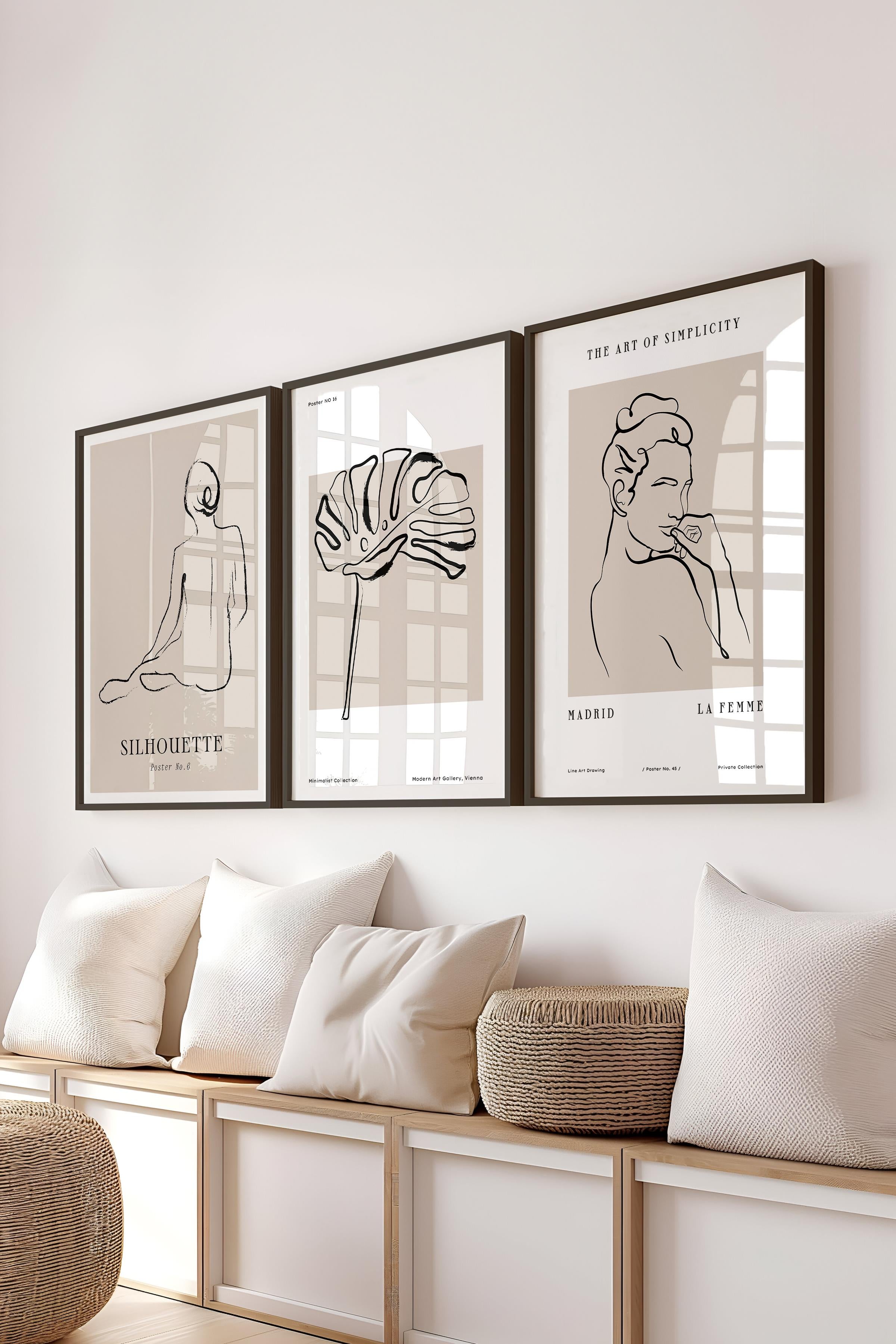 Çerçeveli Tablo Seti, 3 Adet Siyah Çerçeve ve Minimalist El Çizimi Temalı Poster Seti, No:300564
