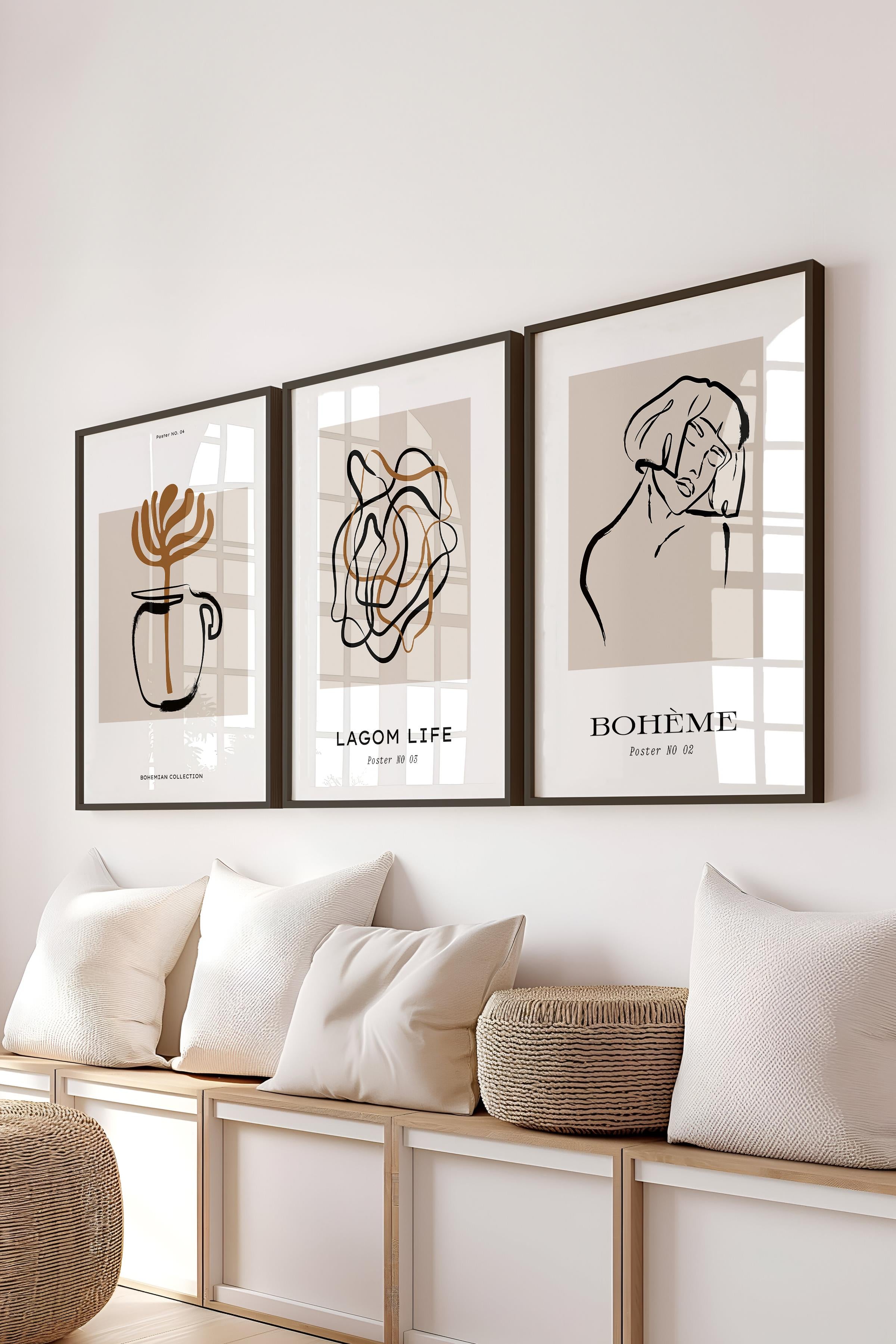 Çerçeveli Tablo Seti, 3 Adet Siyah Çerçeve ve Minimalist El Çizimi Temalı Poster Seti, No:300565