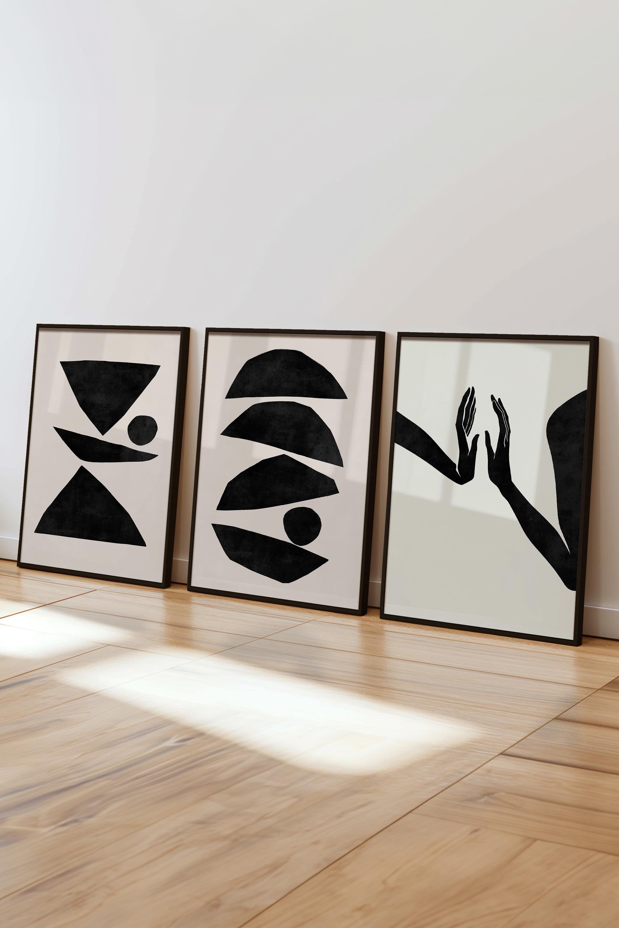 Çerçeveli Tablo Seti, 3 Adet Siyah Çerçeve ve Minimalist El Çizimi Temalı Poster Seti, No:300573