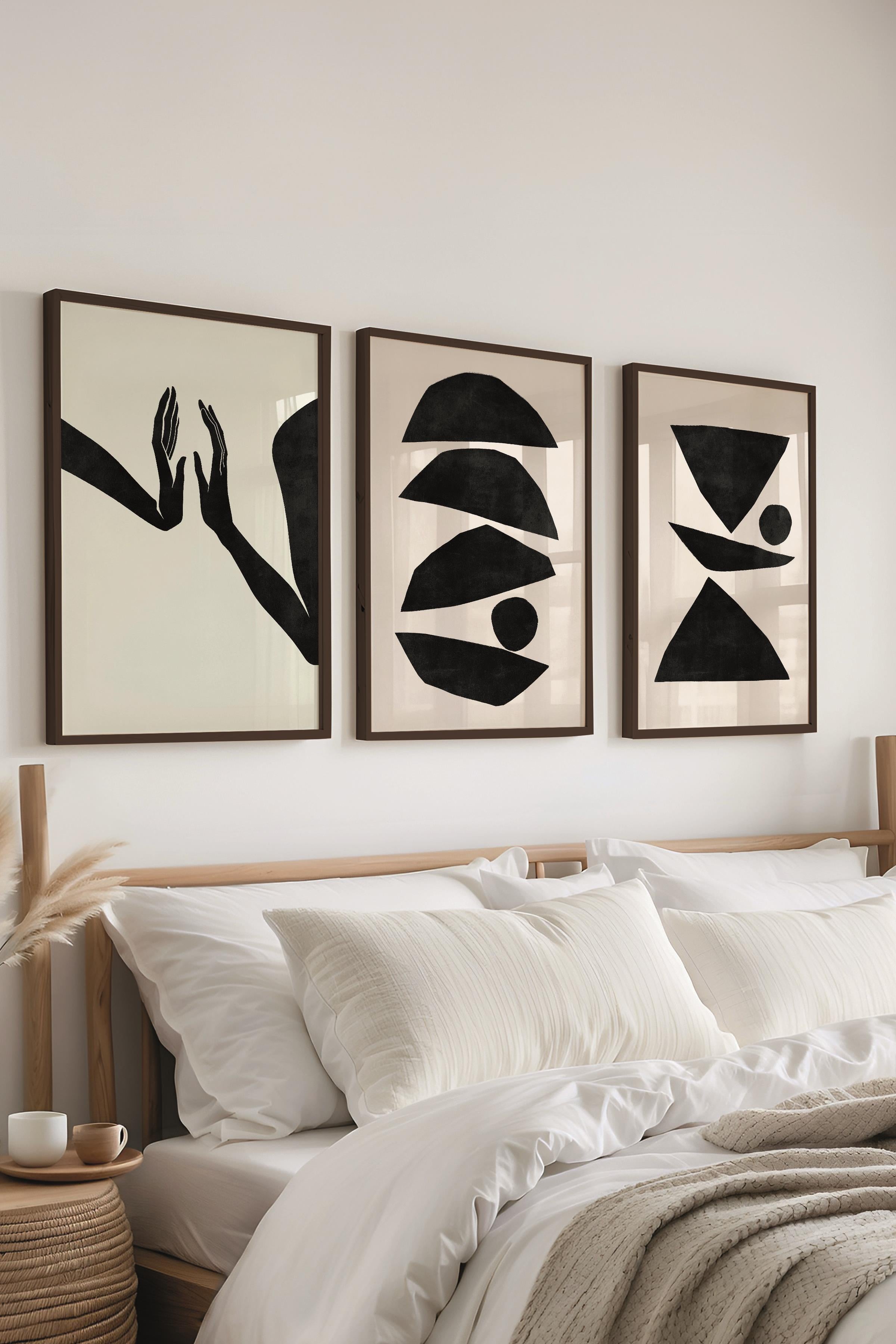 Çerçeveli Tablo Seti, 3 Adet Siyah Çerçeve ve Minimalist El Çizimi Temalı Poster Seti, No:300573