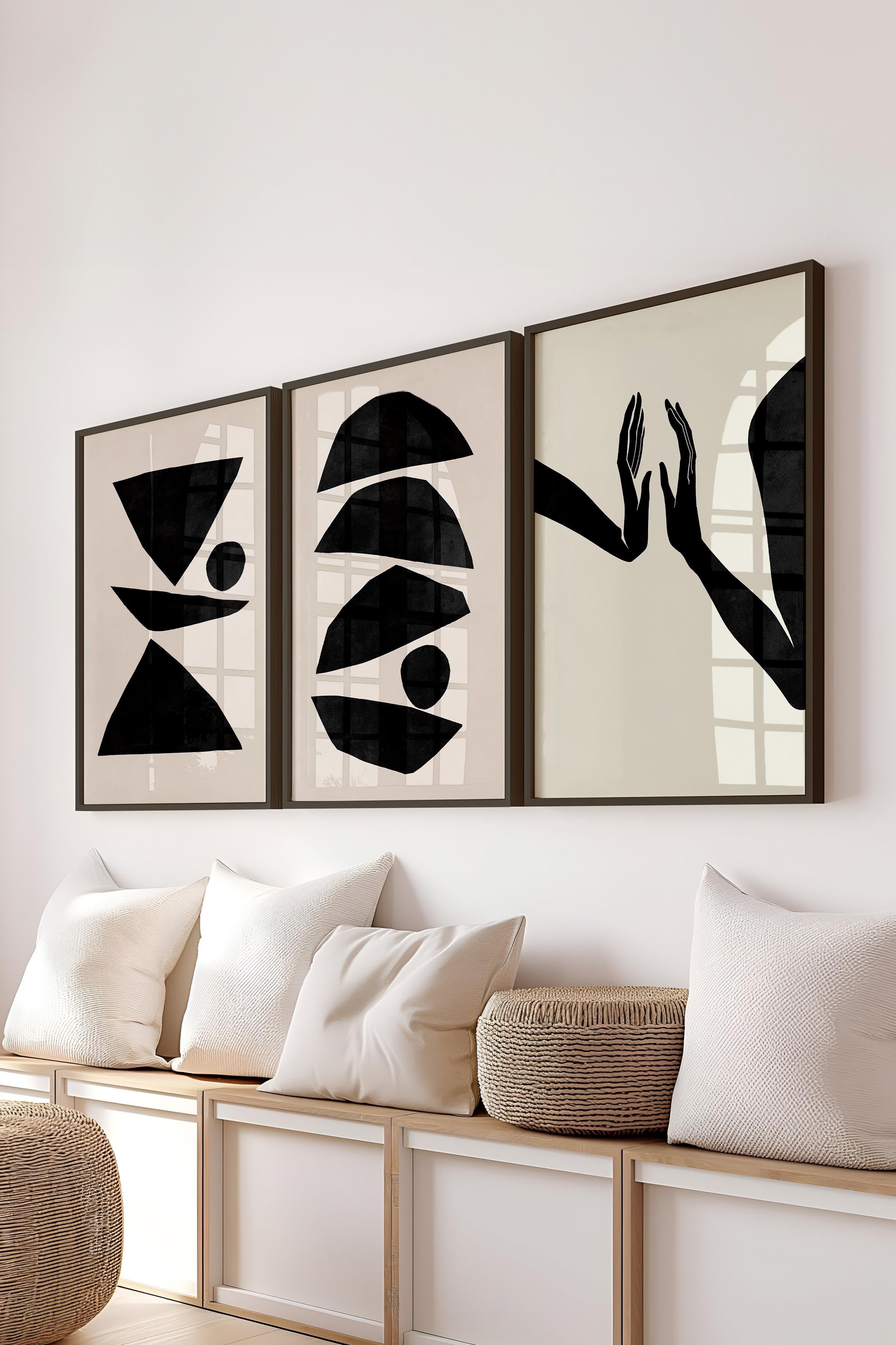 Çerçeveli Tablo Seti, 3 Adet Siyah Çerçeve ve Minimalist El Çizimi Temalı Poster Seti, No:300573