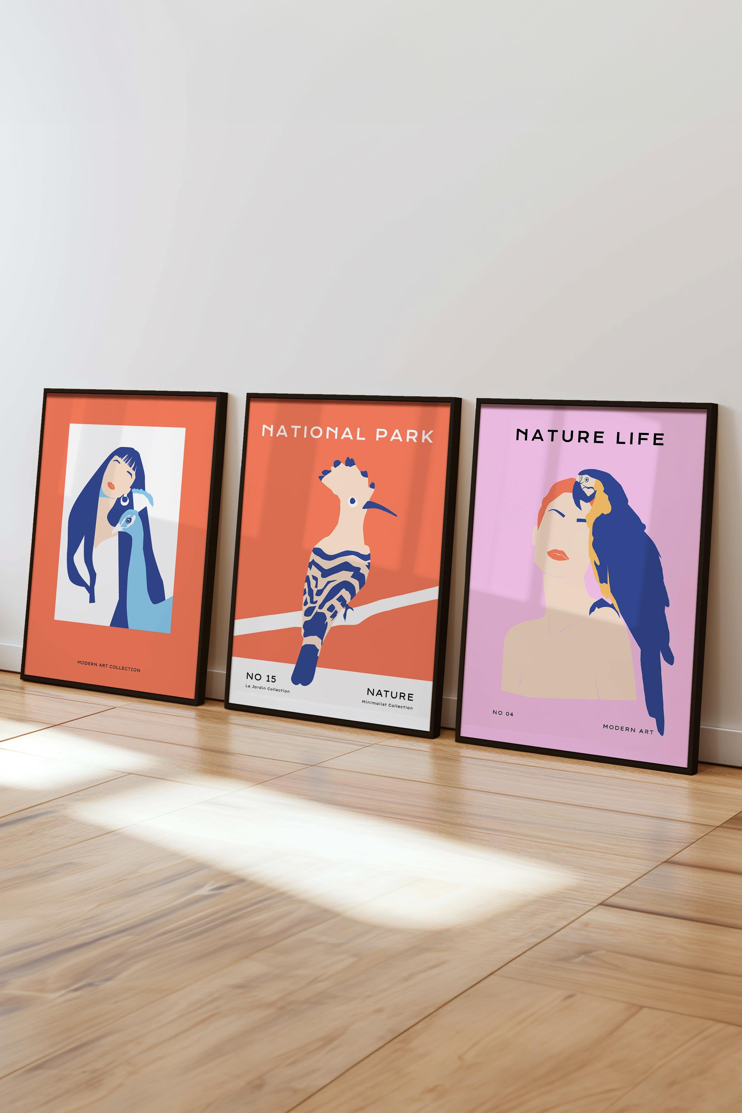 Çerçeveli Tablo Seti, 3 Adet Siyah Çerçeve ve Minimalist Kuşlar Temalı Poster Seti, No:300492
