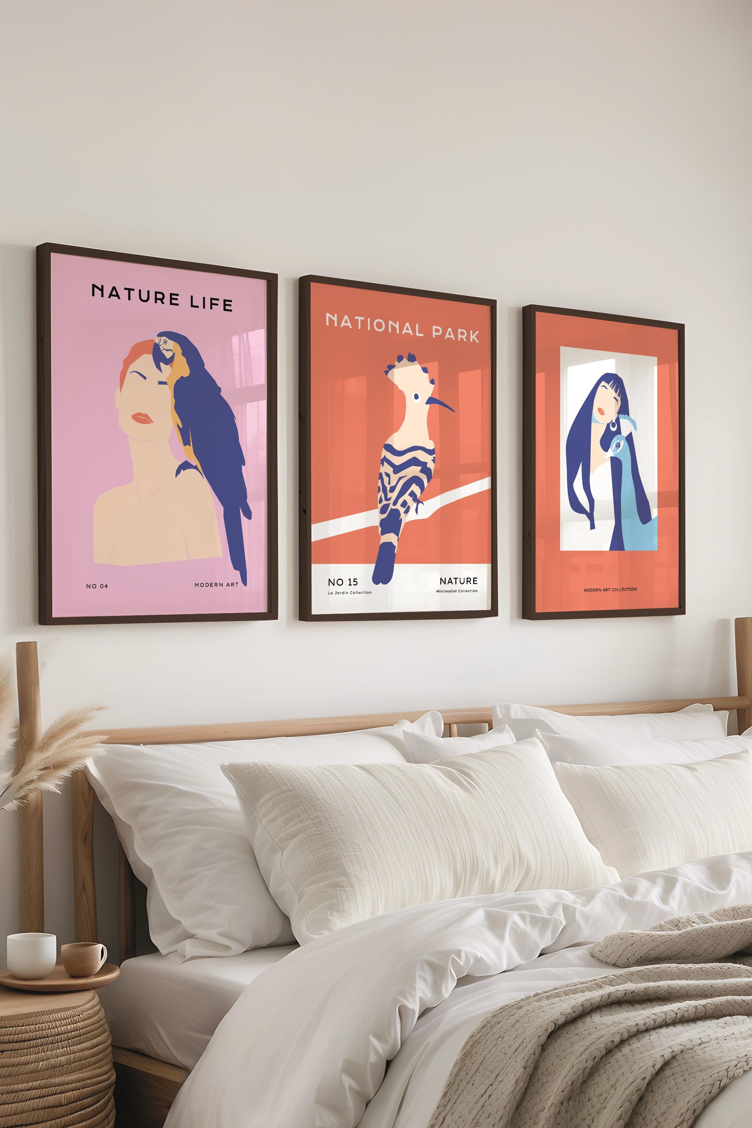 Çerçeveli Tablo Seti, 3 Adet Siyah Çerçeve ve Minimalist Kuşlar Temalı Poster Seti, No:300492