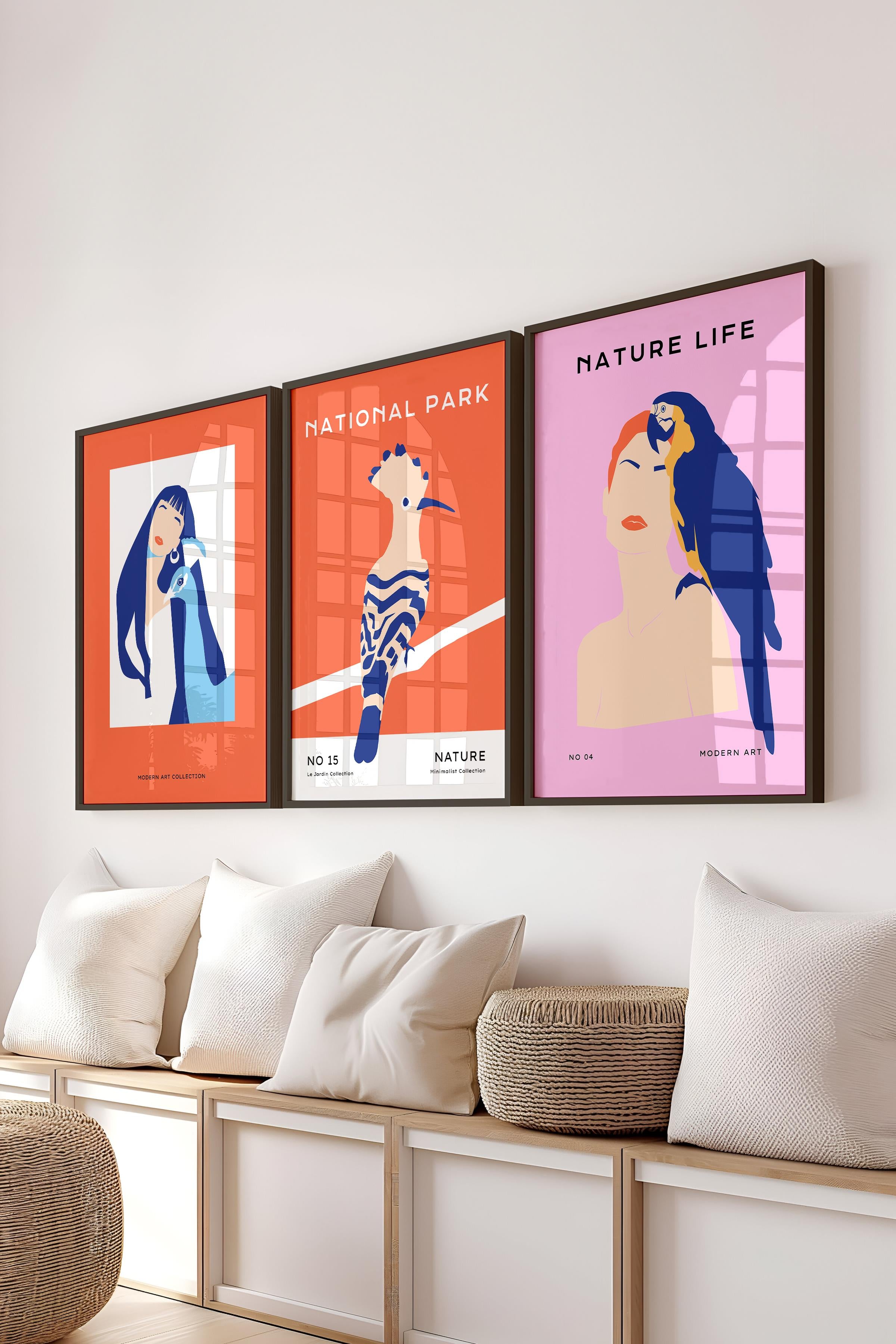 Çerçeveli Tablo Seti, 3 Adet Siyah Çerçeve ve Minimalist Kuşlar Temalı Poster Seti, No:300492