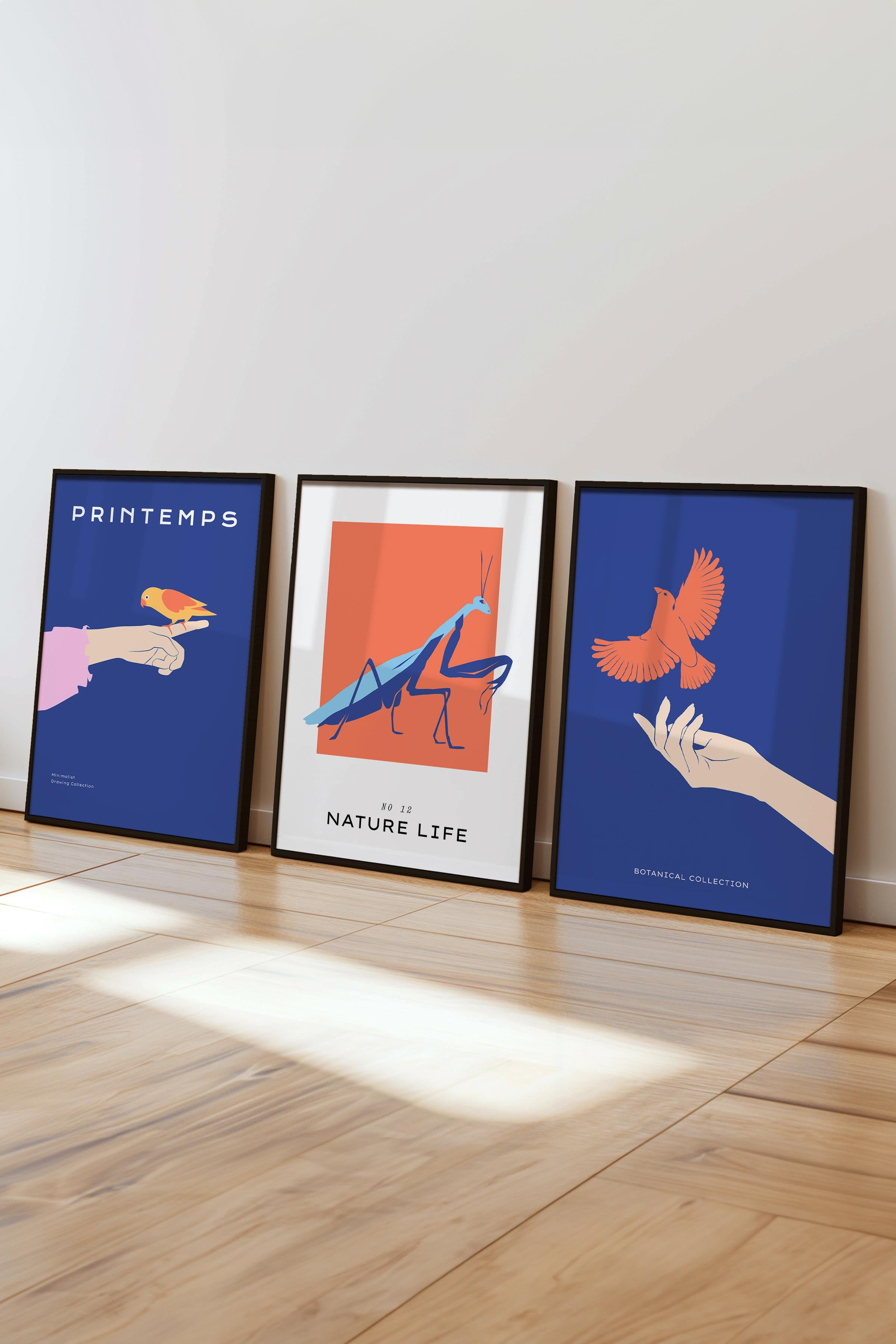 Çerçeveli Tablo Seti, 3 Adet Siyah Çerçeve ve Minimalist Safari Temalı Poster Seti, No:300490