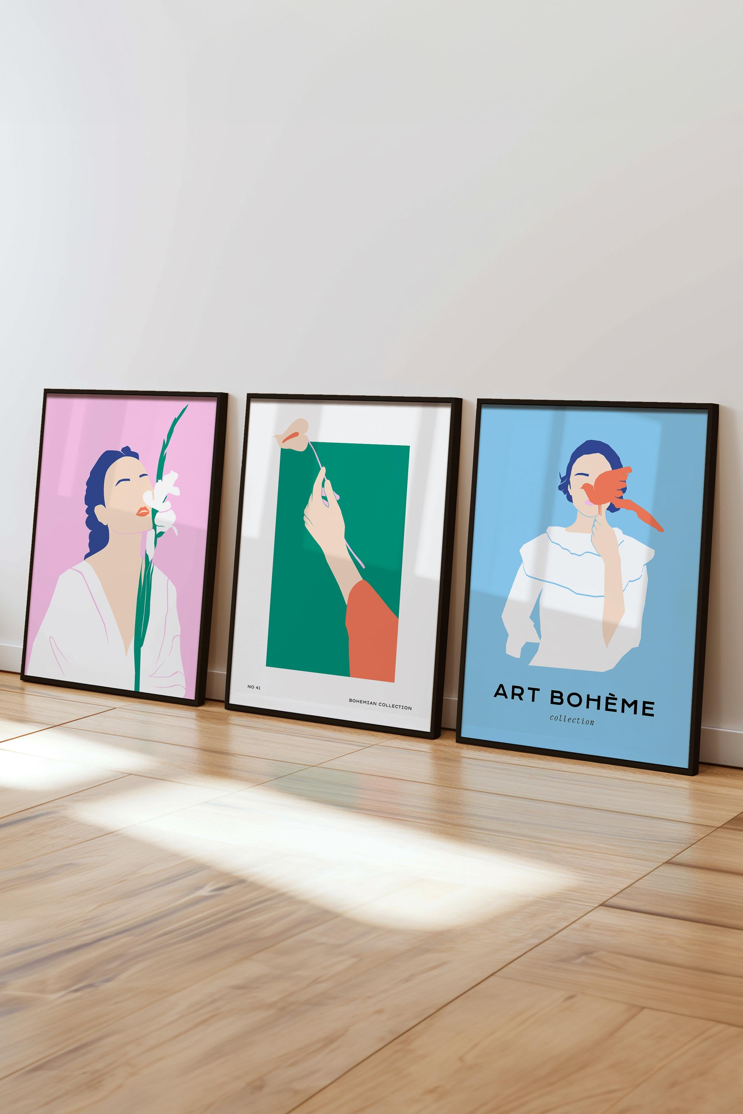 Çerçeveli Tablo Seti, 3 Adet Siyah Çerçeve ve Minimalist Safari Temalı Poster Seti, No:300494