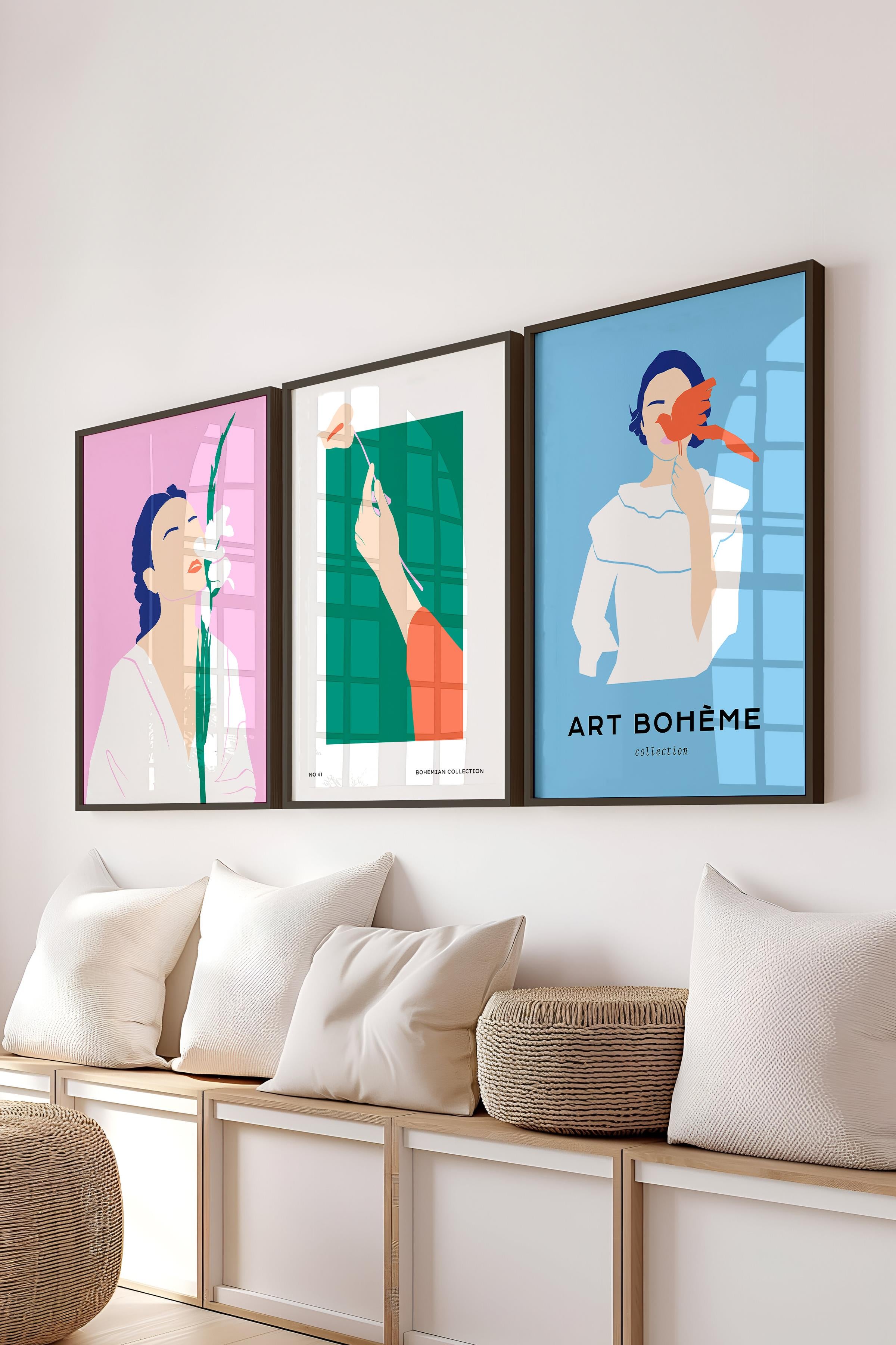 Çerçeveli Tablo Seti, 3 Adet Siyah Çerçeve ve Minimalist Safari Temalı Poster Seti, No:300494