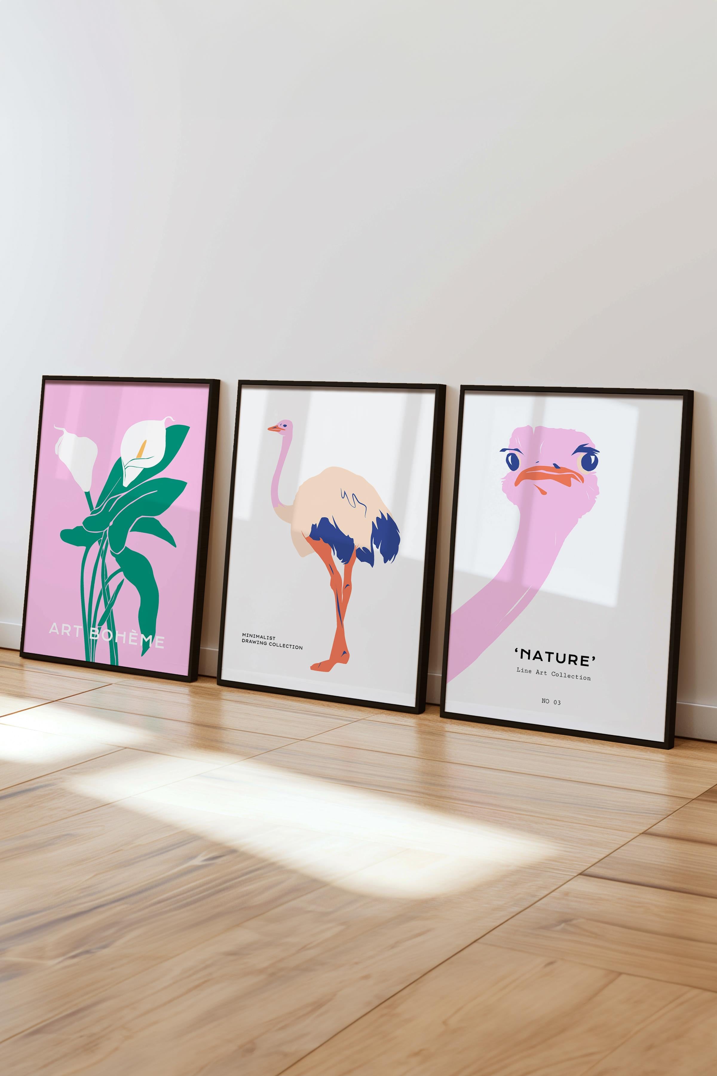 Çerçeveli Tablo Seti, 3 Adet Siyah Çerçeve ve Minimalist Safari Temalı Poster Seti, No:300495