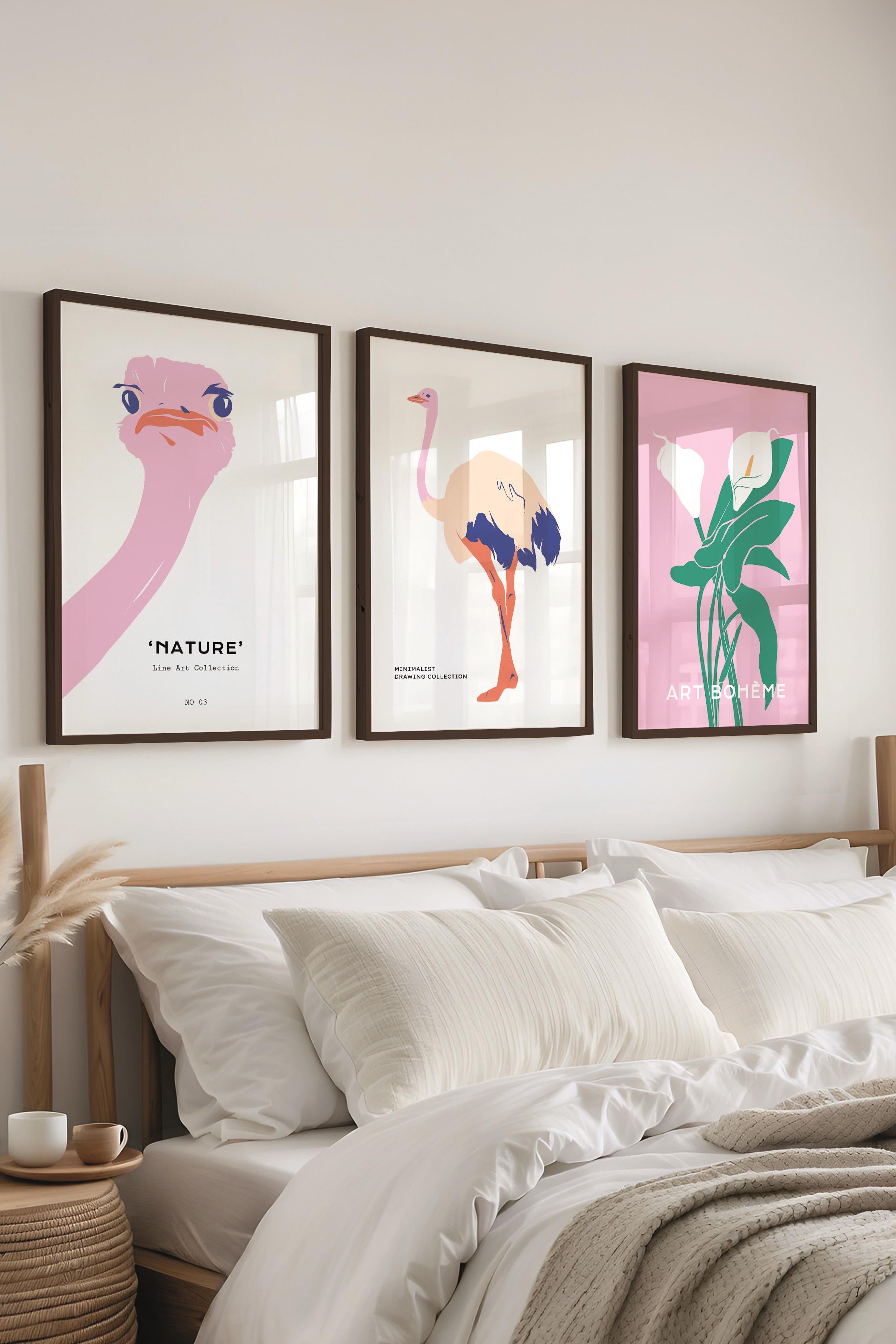 Çerçeveli Tablo Seti, 3 Adet Siyah Çerçeve ve Minimalist Safari Temalı Poster Seti, No:300495