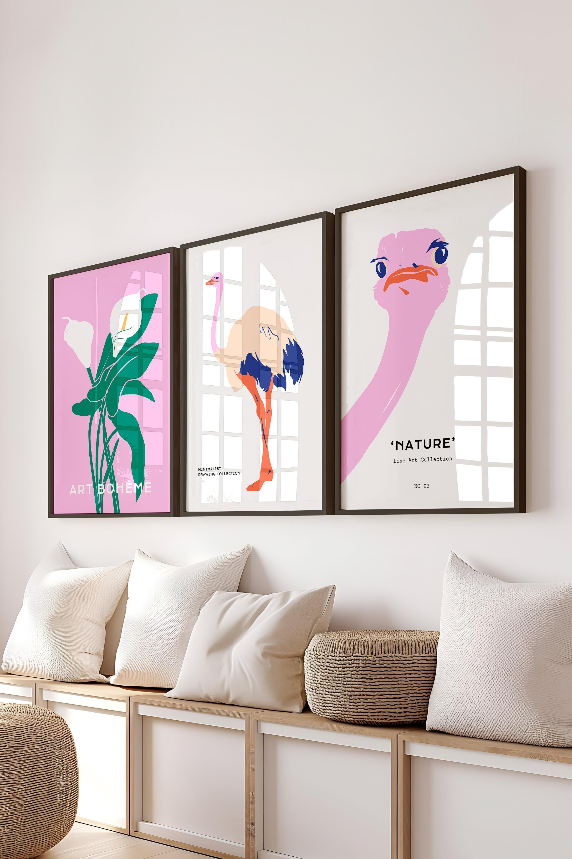 Çerçeveli Tablo Seti, 3 Adet Siyah Çerçeve ve Minimalist Safari Temalı Poster Seti, No:300495
