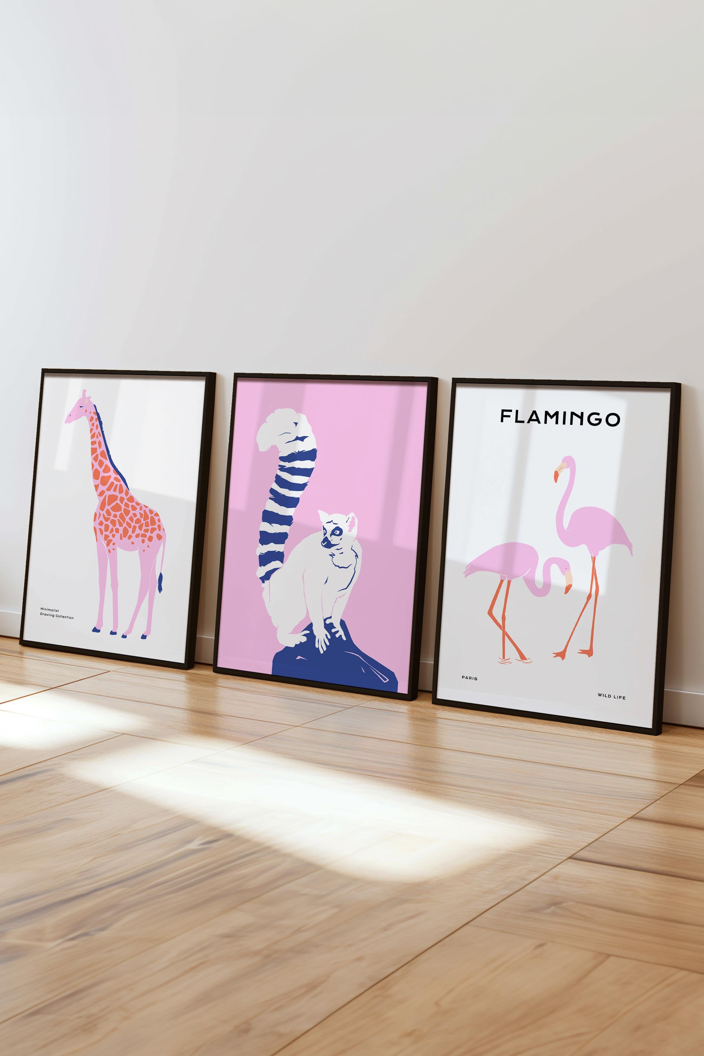 Çerçeveli Tablo Seti, 3 Adet Siyah Çerçeve ve Minimalist Safari Temalı Poster Seti, No:300496