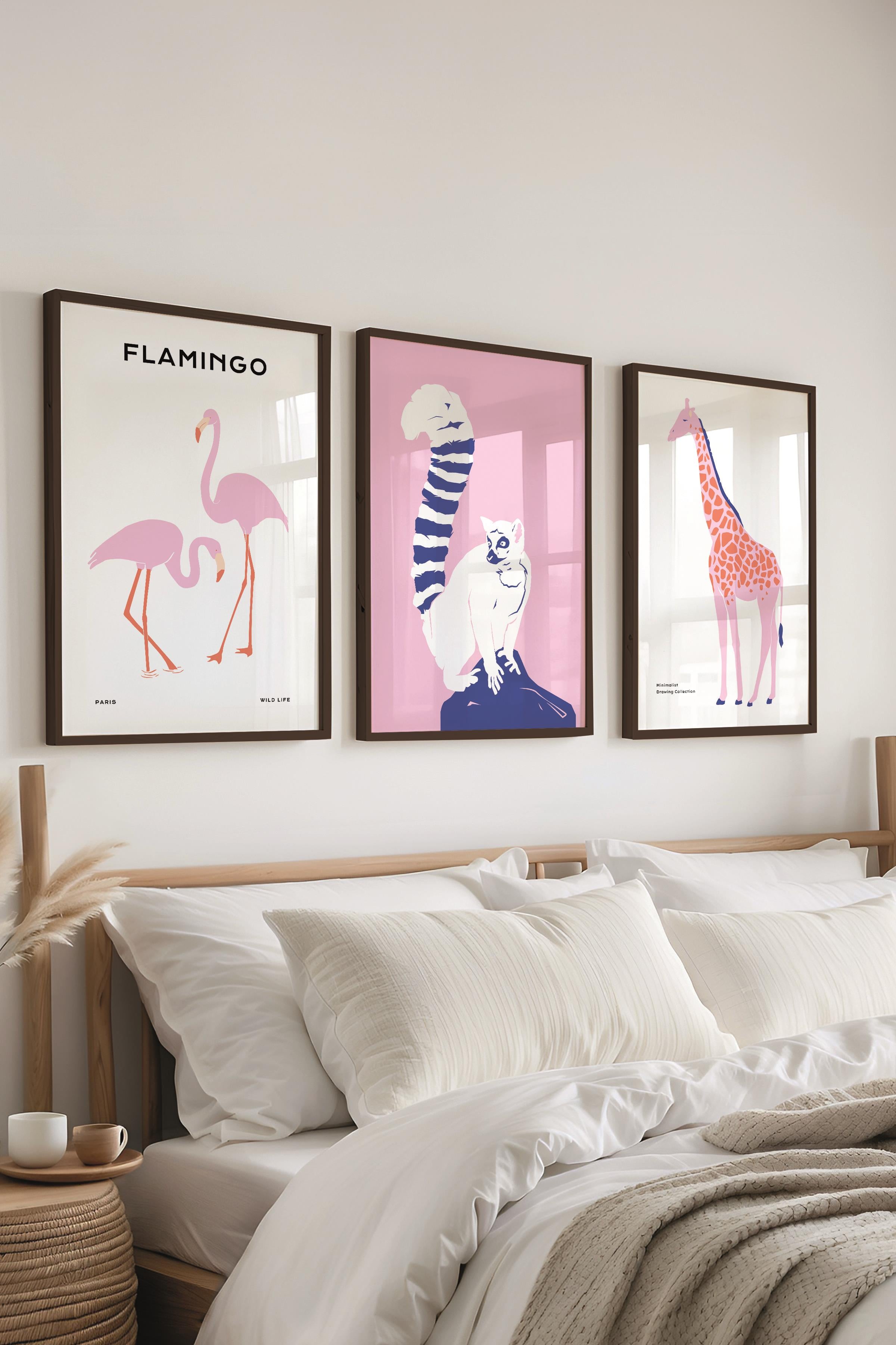 Çerçeveli Tablo Seti, 3 Adet Siyah Çerçeve ve Minimalist Safari Temalı Poster Seti, No:300496