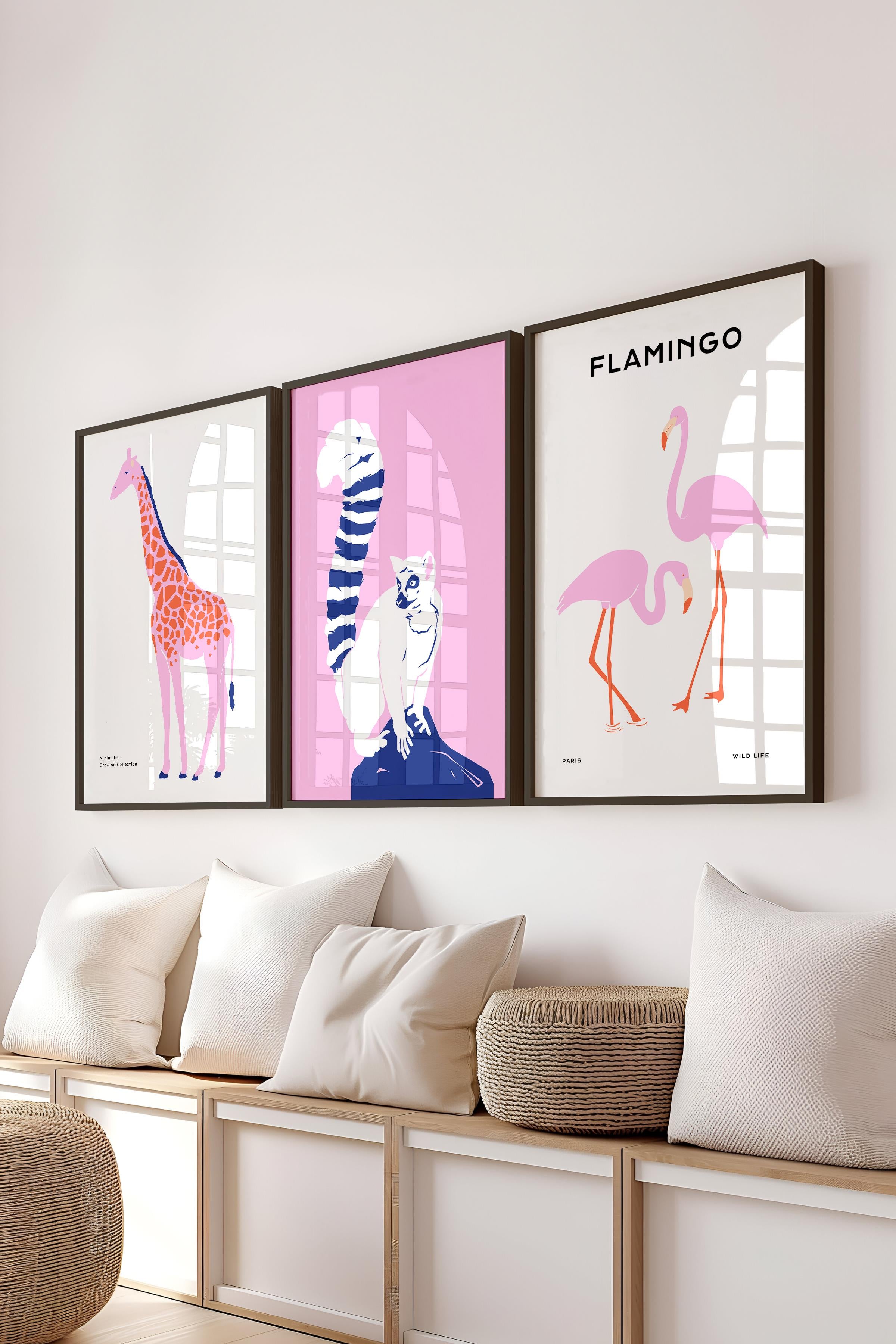 Çerçeveli Tablo Seti, 3 Adet Siyah Çerçeve ve Minimalist Safari Temalı Poster Seti, No:300496