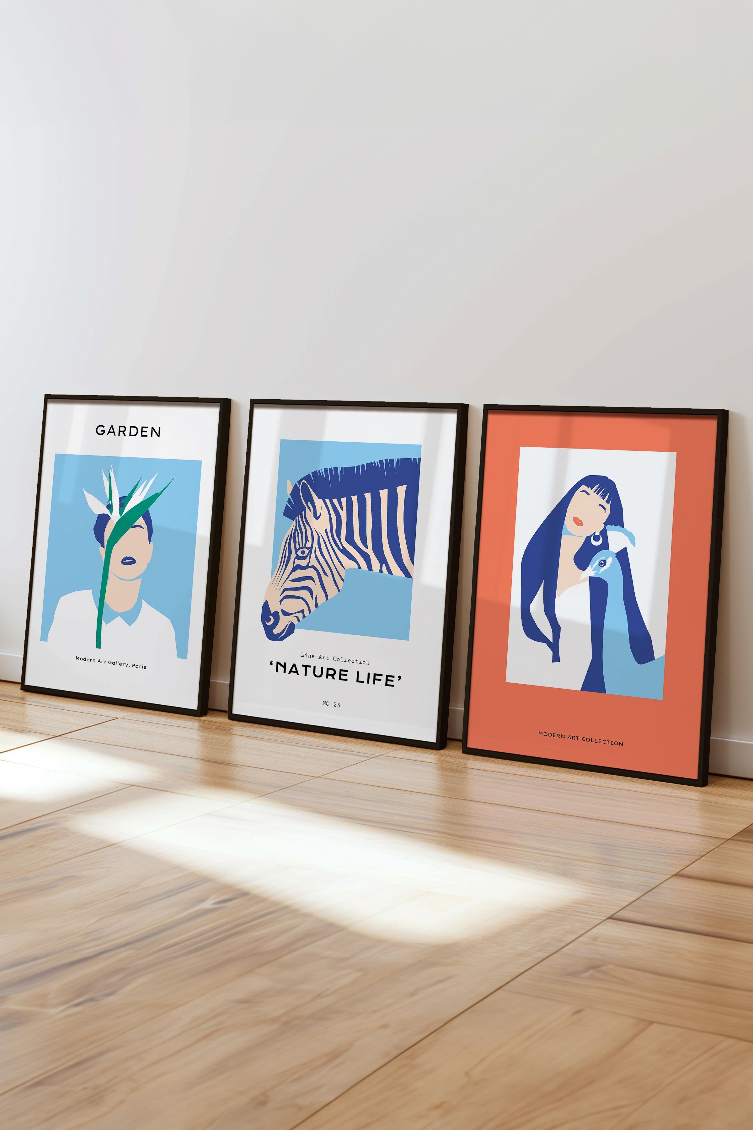 Çerçeveli Tablo Seti, 3 Adet Siyah Çerçeve ve Minimalist Safari Temalı Poster Seti, No:300497