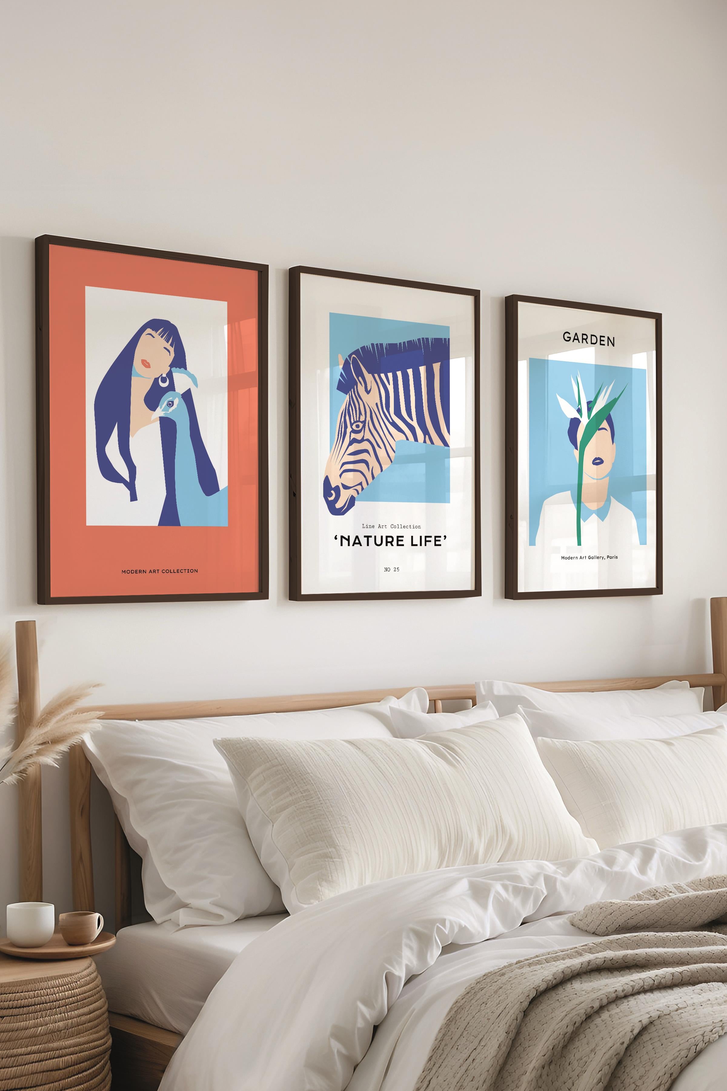 Çerçeveli Tablo Seti, 3 Adet Siyah Çerçeve ve Minimalist Safari Temalı Poster Seti, No:300497
