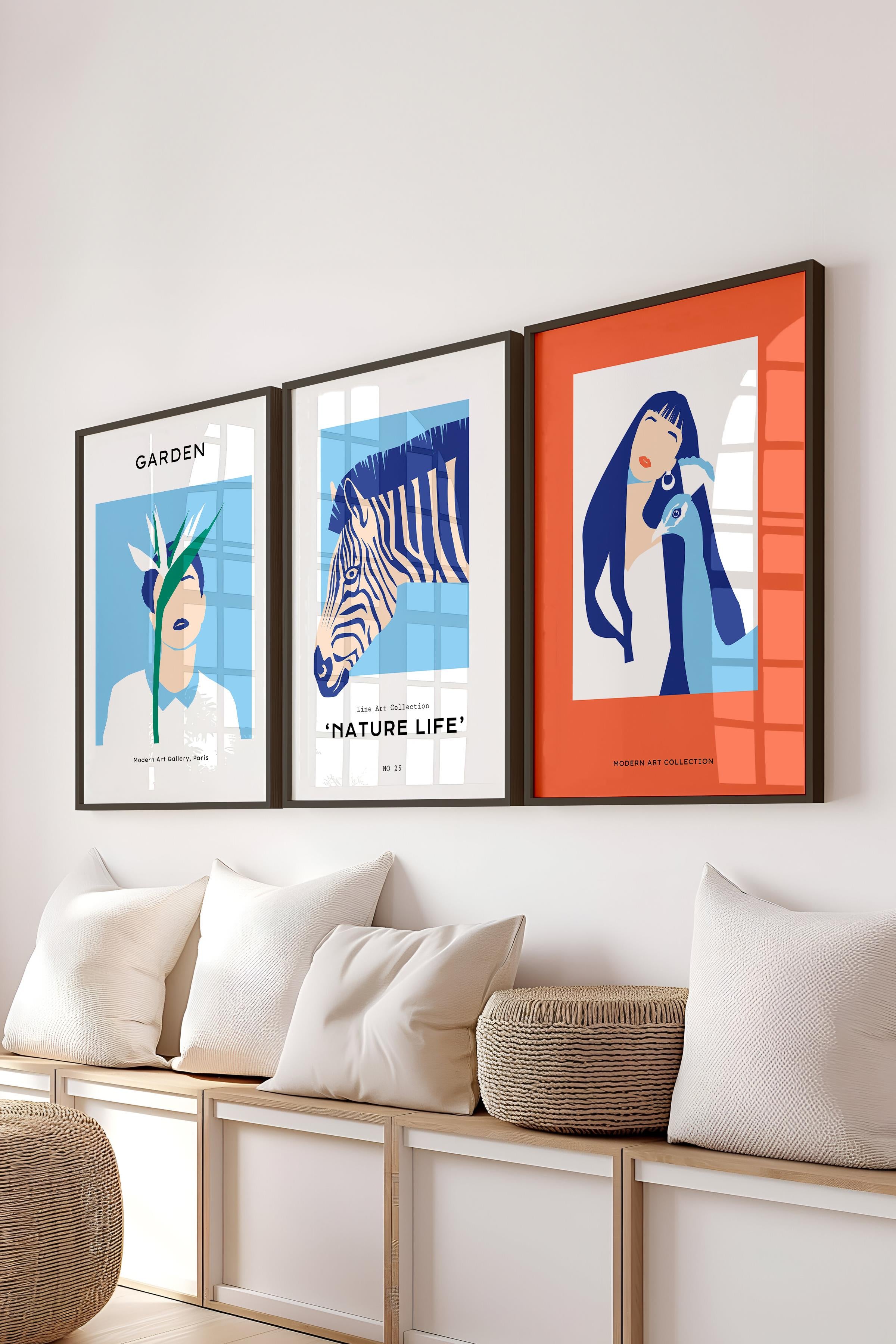 Çerçeveli Tablo Seti, 3 Adet Siyah Çerçeve ve Minimalist Safari Temalı Poster Seti, No:300497