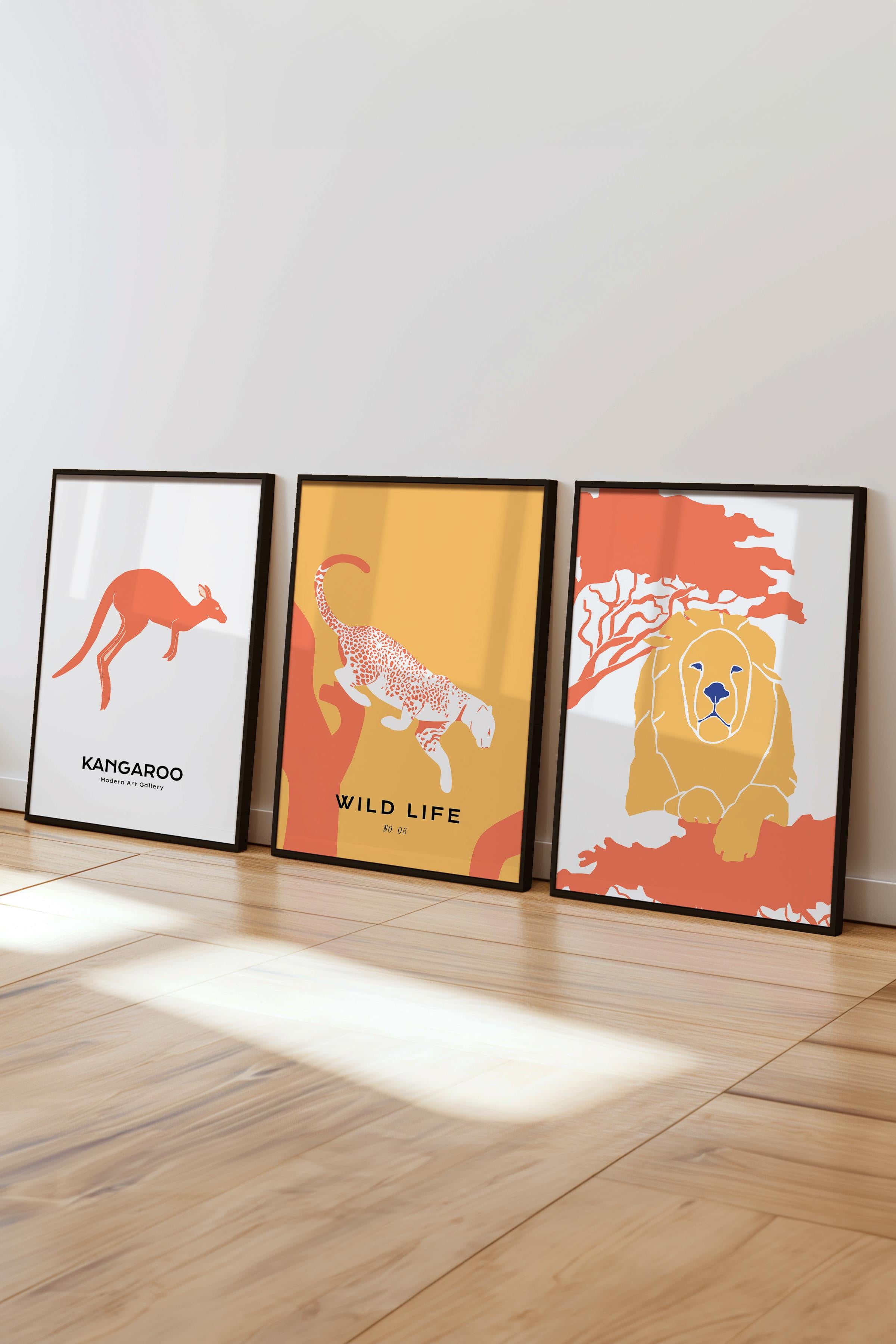 Çerçeveli Tablo Seti, 3 Adet Siyah Çerçeve ve Minimalist Safari Temalı Poster Seti, No:300498