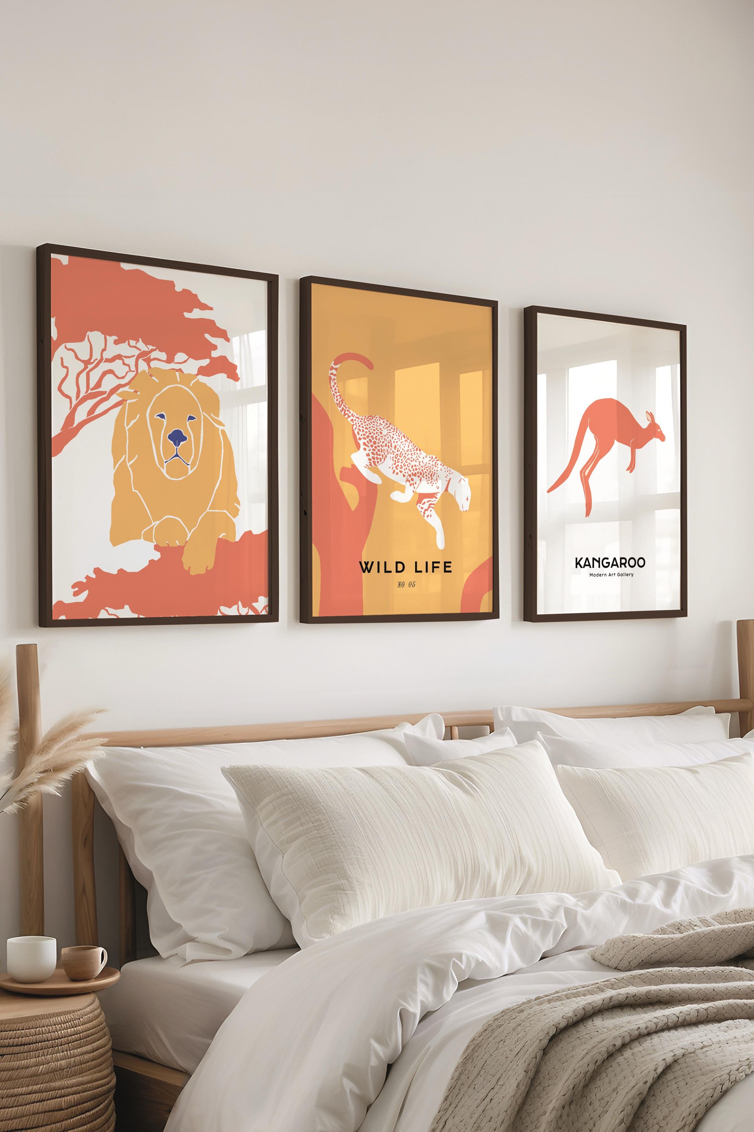 Çerçeveli Tablo Seti, 3 Adet Siyah Çerçeve ve Minimalist Safari Temalı Poster Seti, No:300498