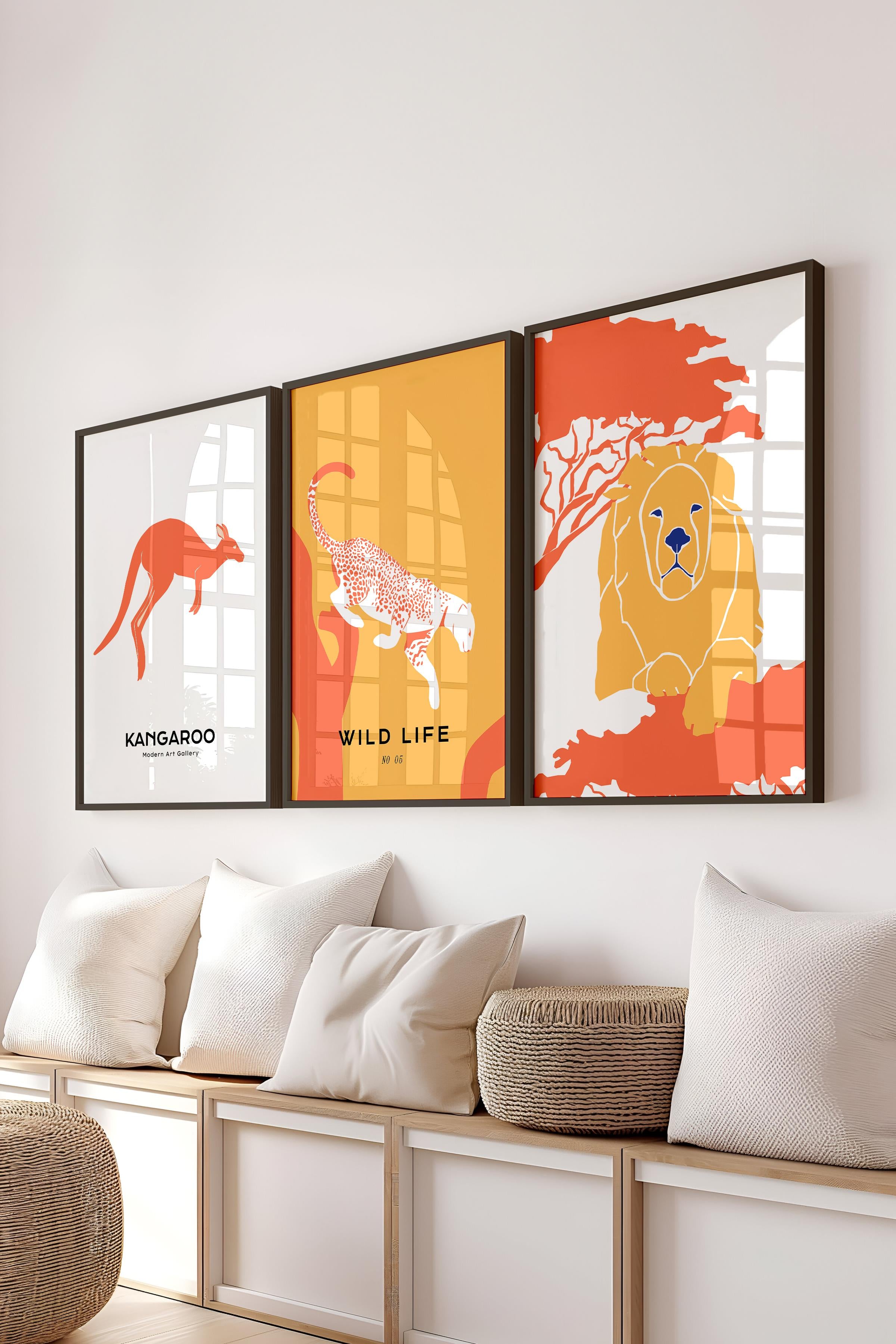 Çerçeveli Tablo Seti, 3 Adet Siyah Çerçeve ve Minimalist Safari Temalı Poster Seti, No:300498