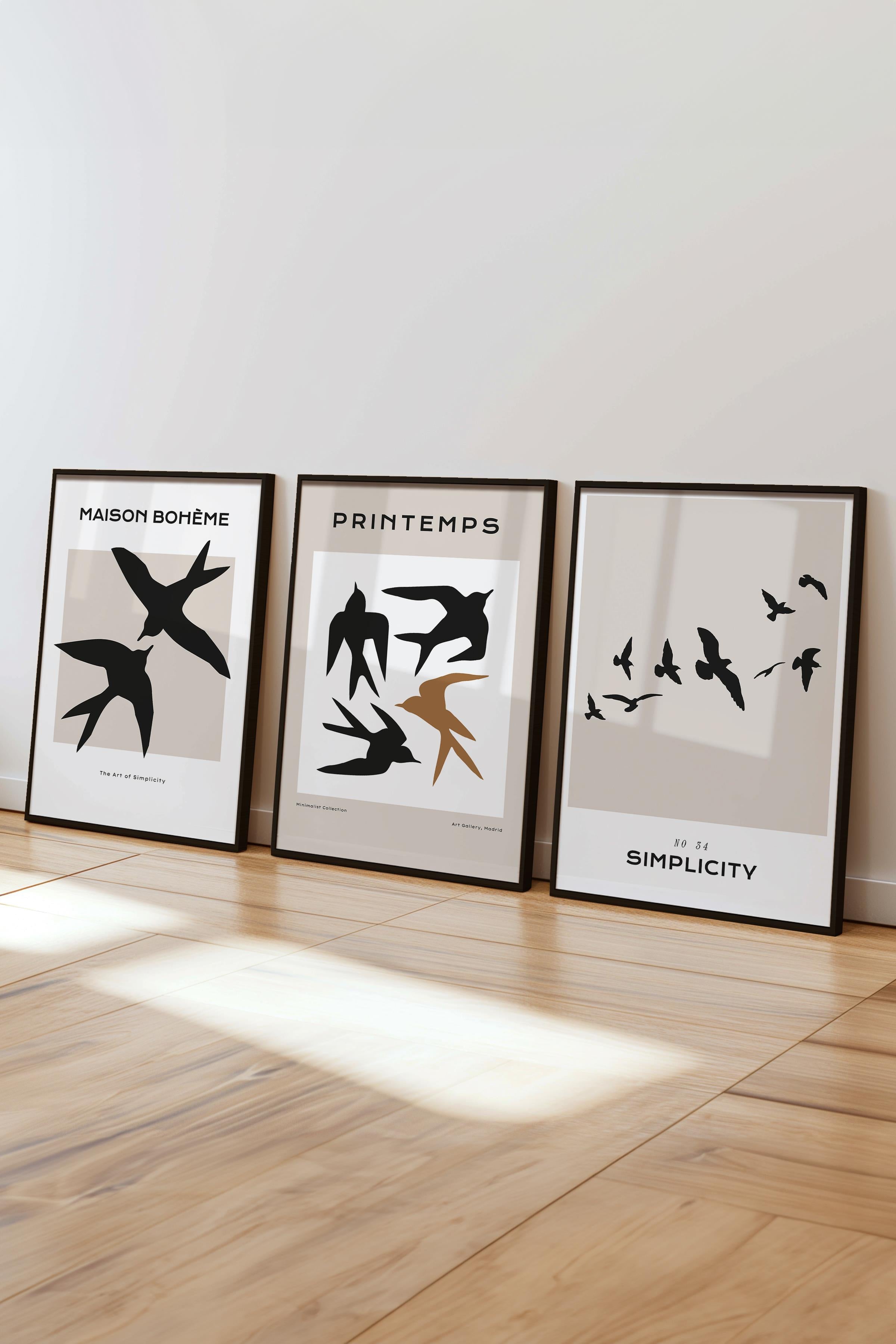 Çerçeveli Tablo Seti, 3 Adet Siyah Çerçeve ve Minimalist Temalı Poster Seti, No:300562