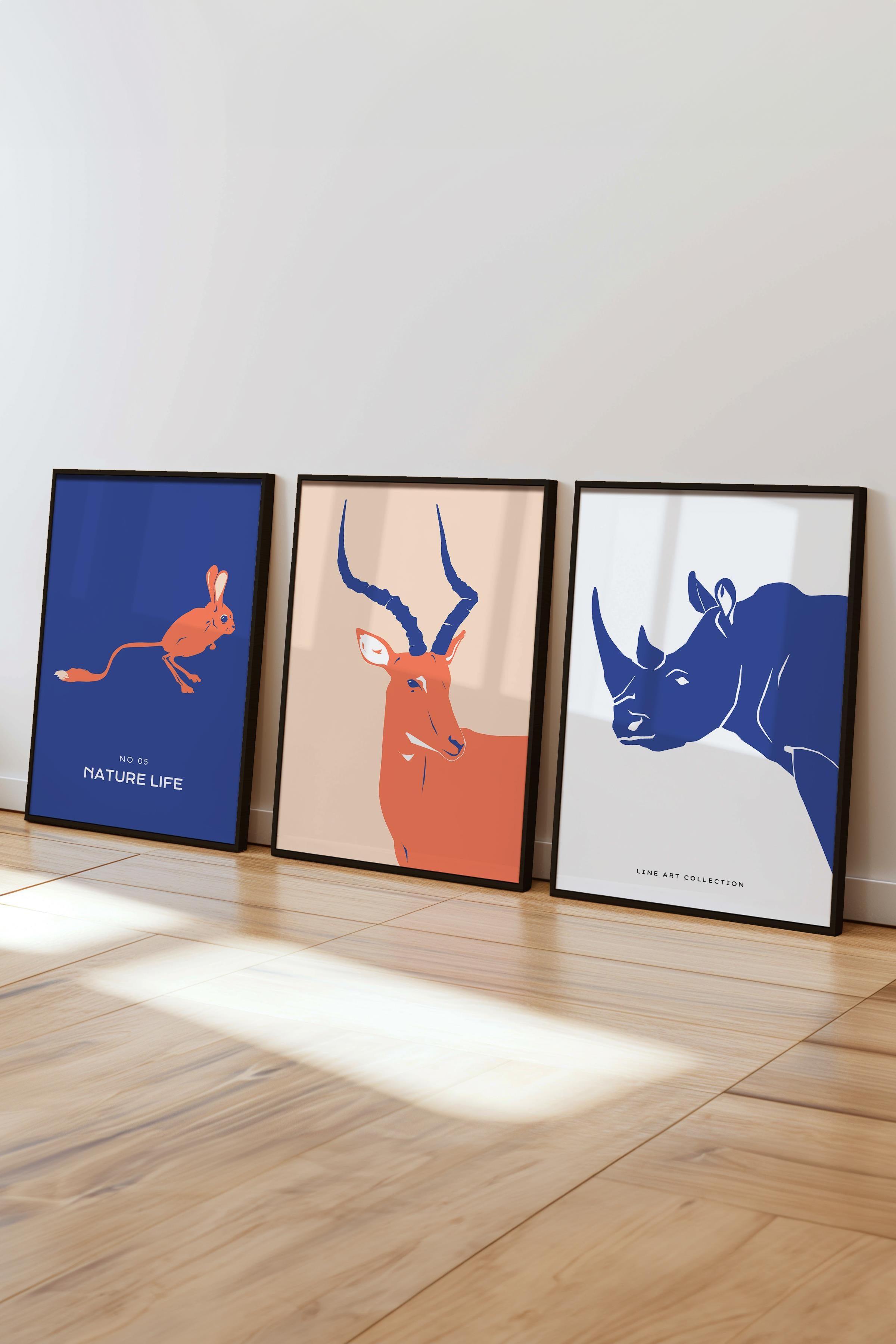 Çerçeveli Tablo Seti, 3 Adet Siyah Çerçeve ve Minimalist Vahşi Yaşam Temalı Poster Seti, No:300487