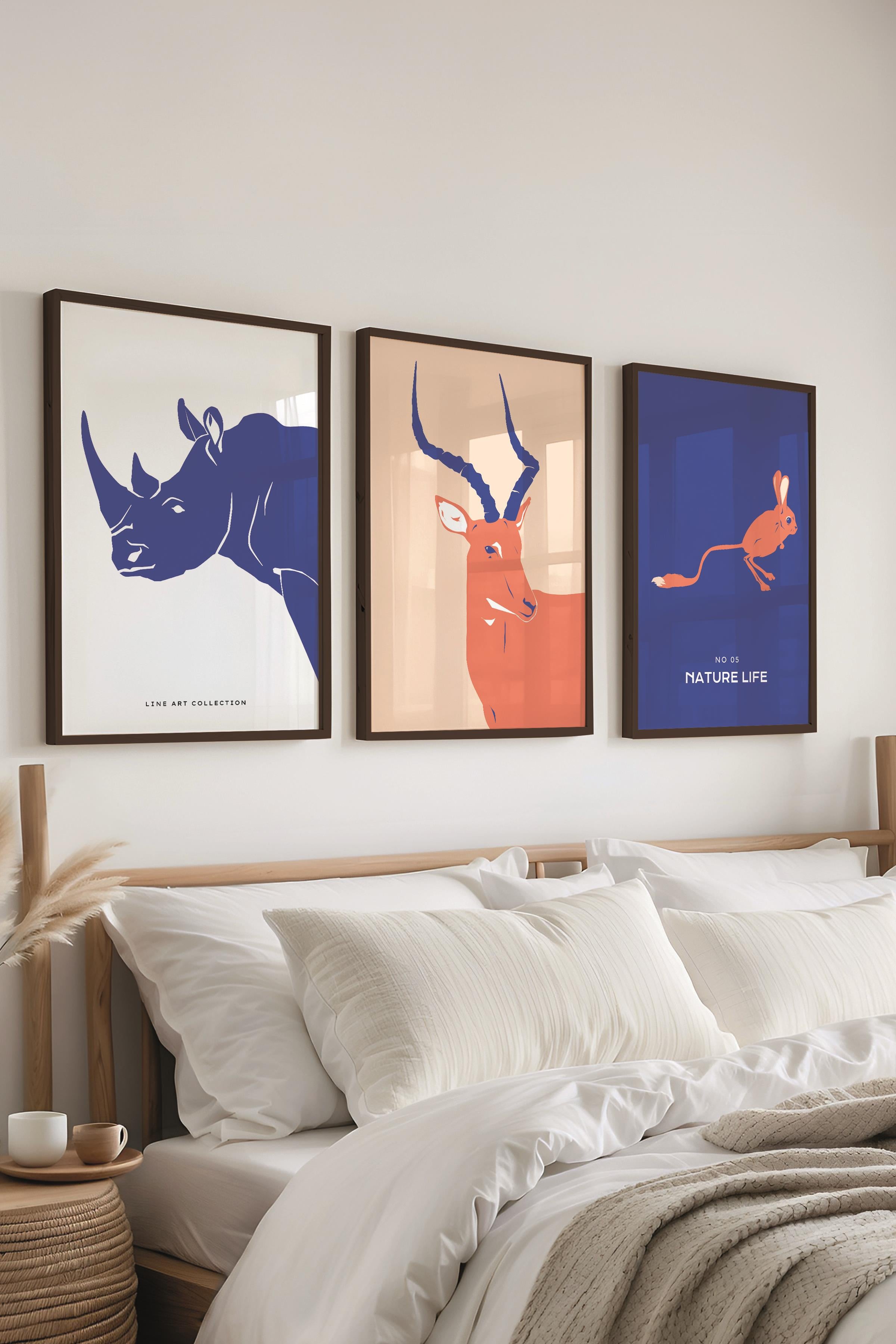 Çerçeveli Tablo Seti, 3 Adet Siyah Çerçeve ve Minimalist Vahşi Yaşam Temalı Poster Seti, No:300487