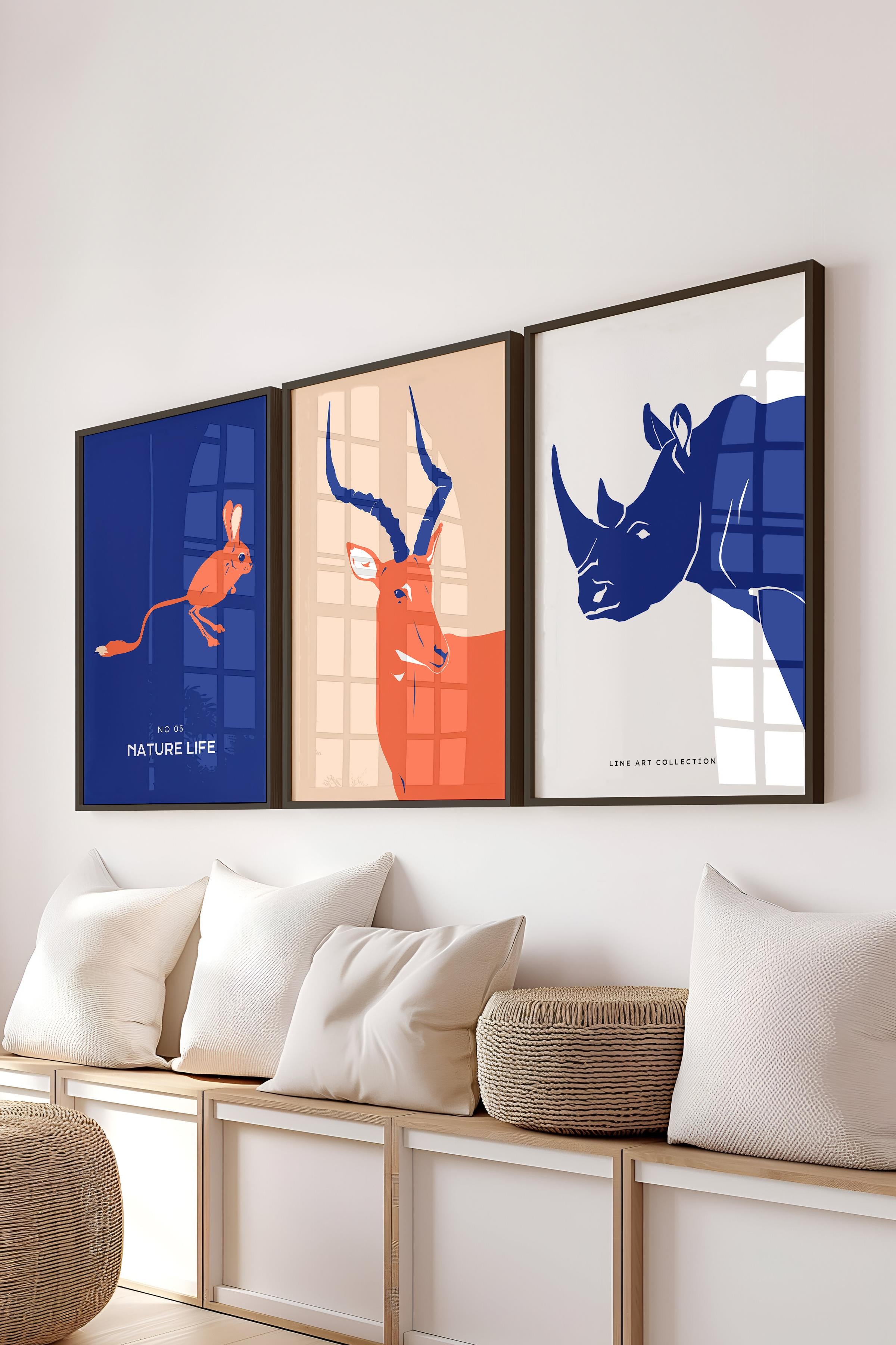 Çerçeveli Tablo Seti, 3 Adet Siyah Çerçeve ve Minimalist Vahşi Yaşam Temalı Poster Seti, No:300487