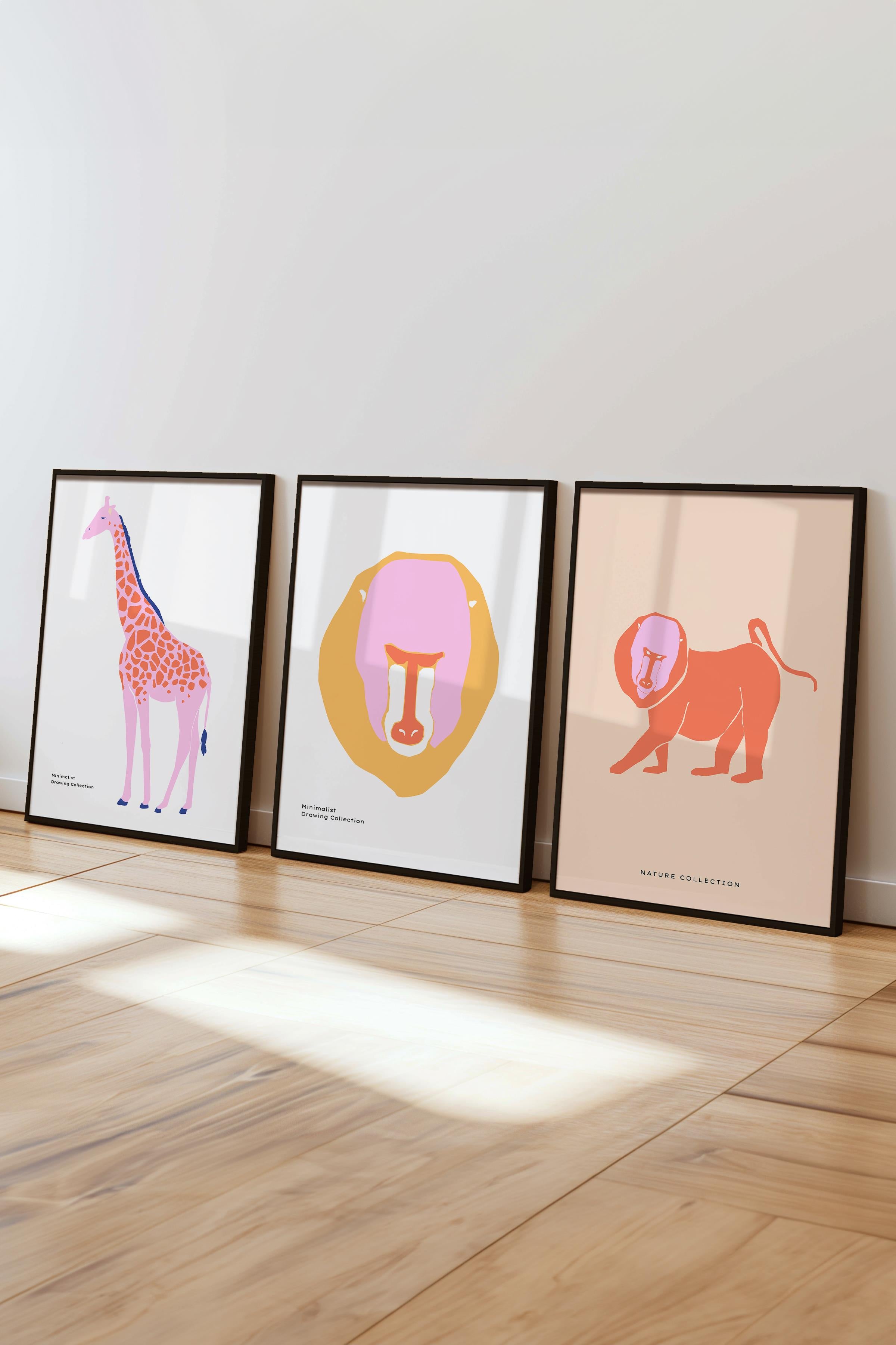 Çerçeveli Tablo Seti, 3 Adet Siyah Çerçeve ve Minimalist Vahşi Yaşam Temalı Poster Seti, No:300488