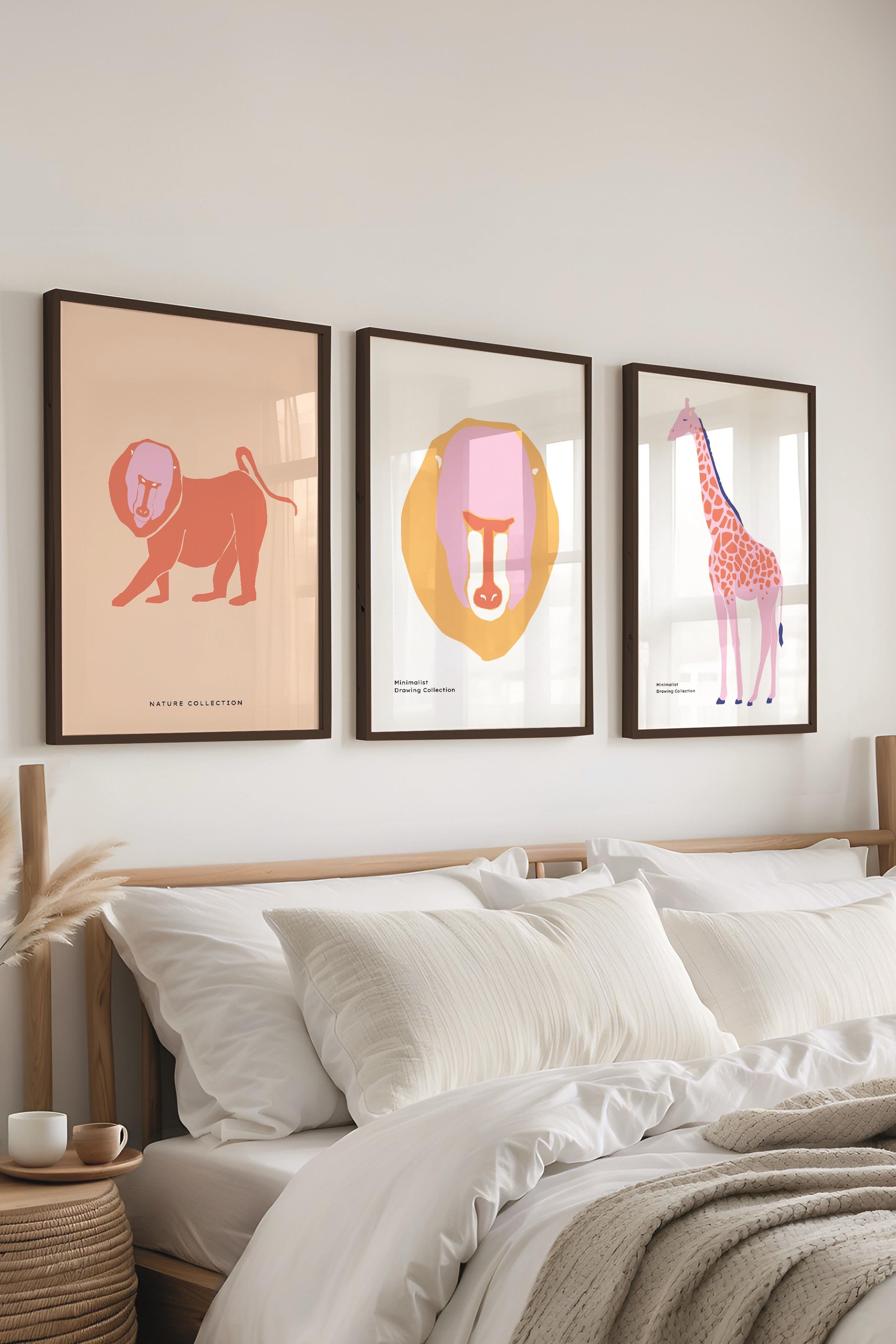 Çerçeveli Tablo Seti, 3 Adet Siyah Çerçeve ve Minimalist Vahşi Yaşam Temalı Poster Seti, No:300488